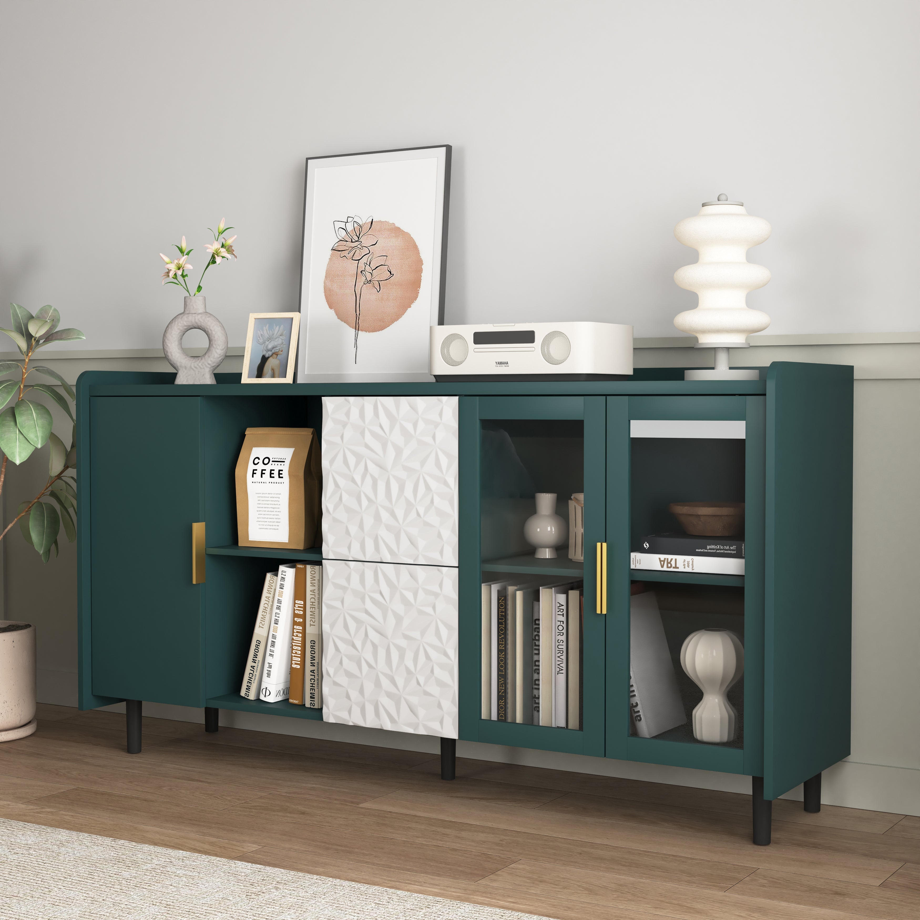 Modern Pantry Cabinet 55-inch with 2 Drawers 2 Glass Doors & Shelves - Green