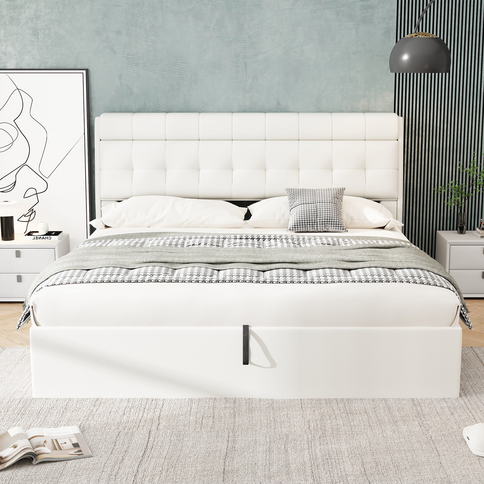 Upholstered Bed with Hydraulic Storage and Concealed Headboard Shelf, 180x200cm, White PU