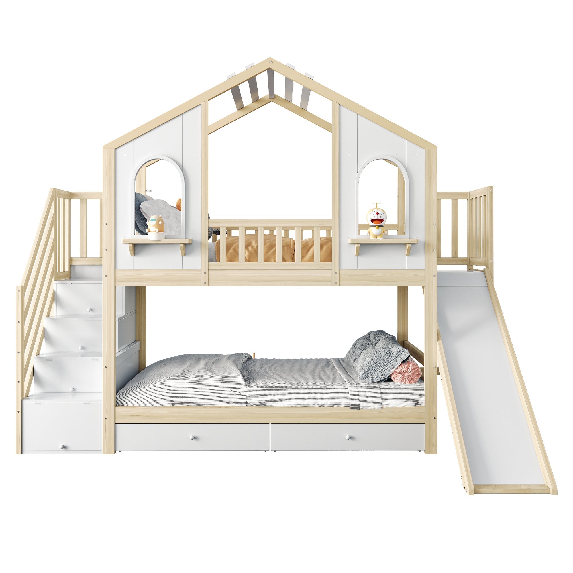 Children's Bunk Bed 90x200cm House Slide Storage Wood Color