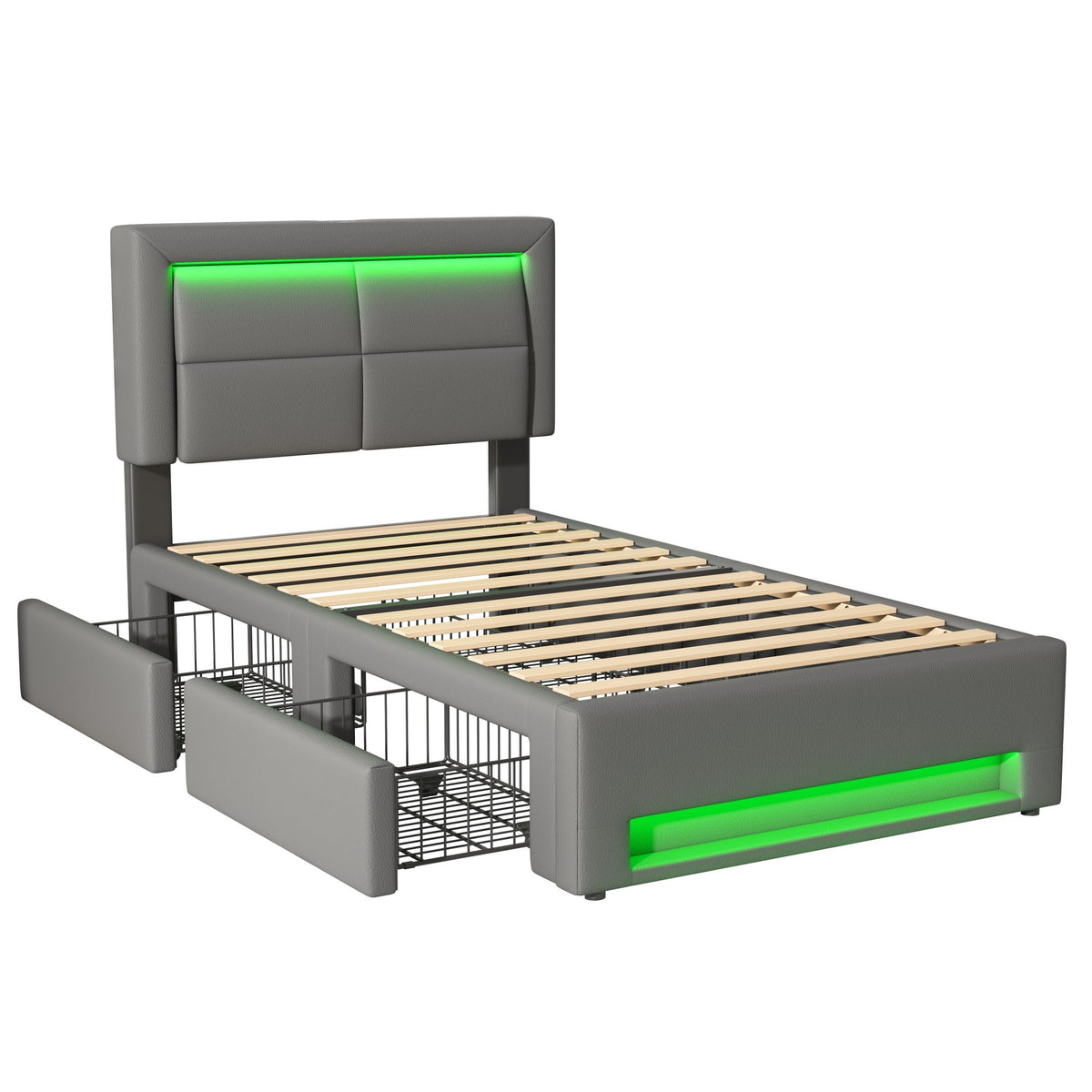 Upholstered Bed 90x200cm USB/Wireless Charging LED Lights 4 Drawers PU Lychee Pattern Grey