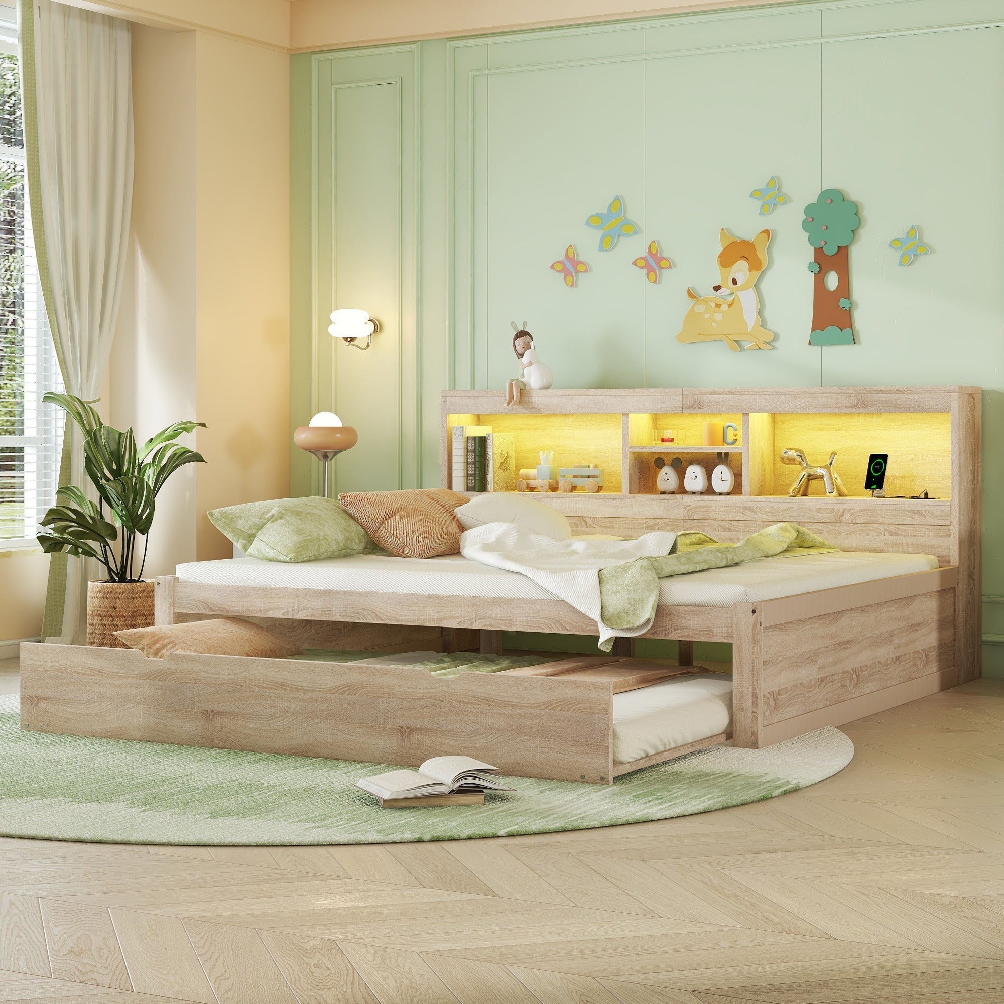 Daybed Sofa Bed 140x200cm Pull-out Bed LED Storage USB/Outlet - Natural
