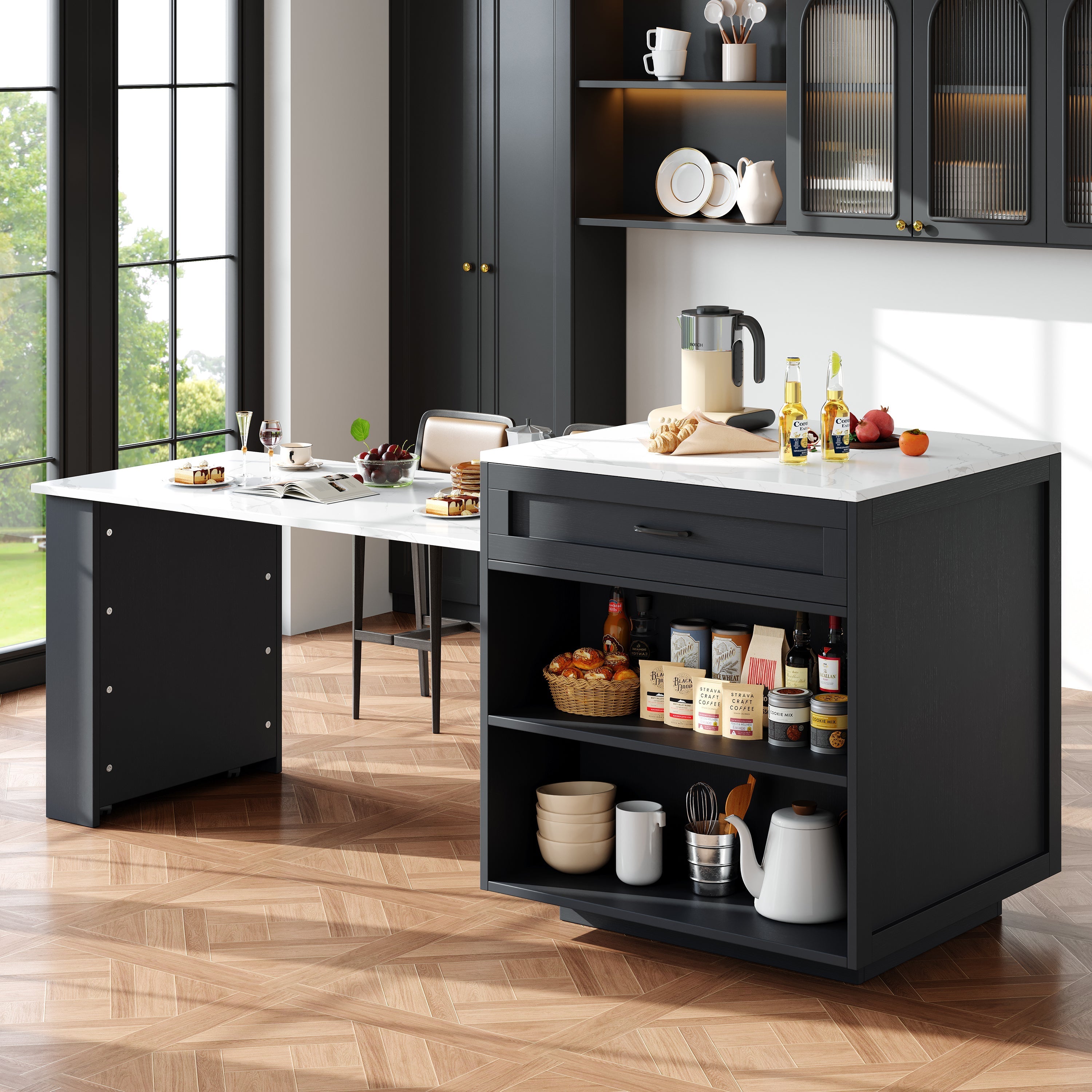 Extendable Bar Table Kitchen Island with Storage, 2 Drawers & Shelves - Black