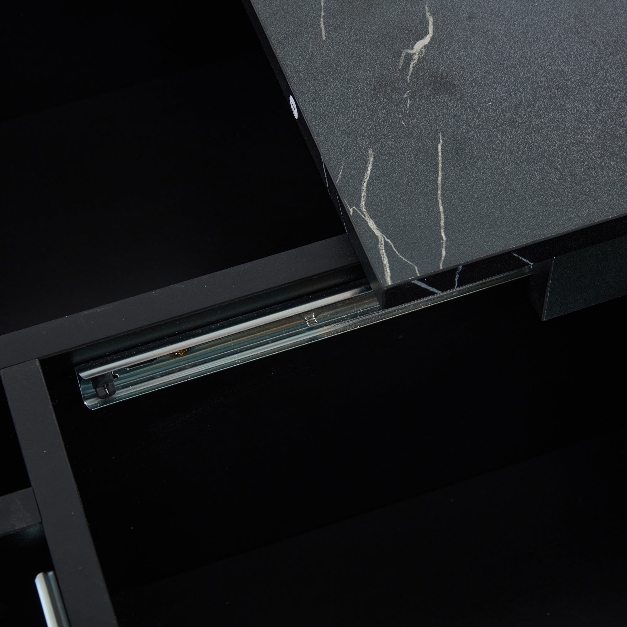 Coffee Table, Square 90x90x25cm with Four Drawers, Sliding Tabletop, Black Marble Look