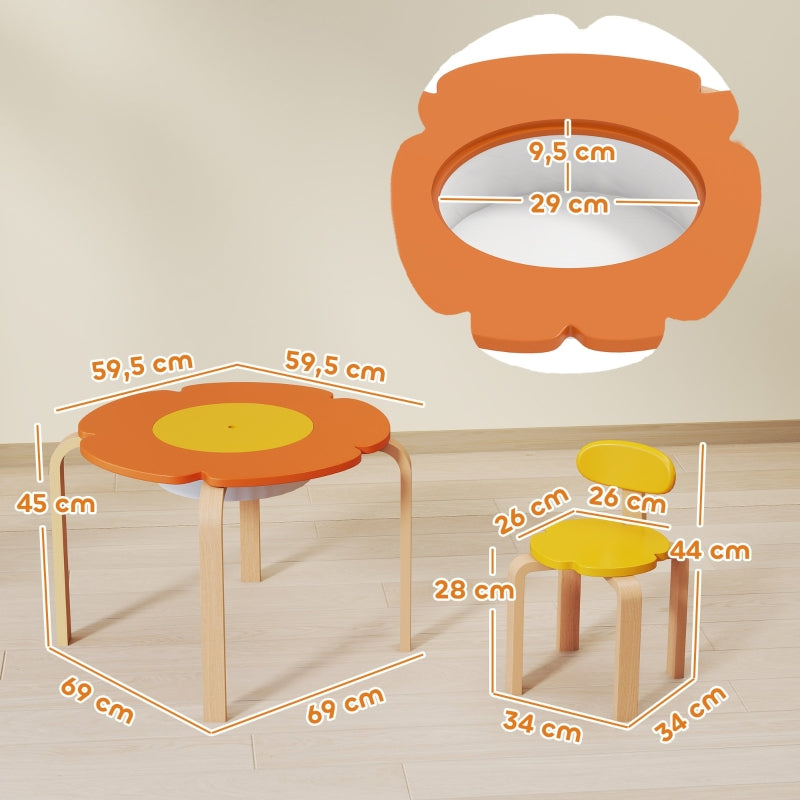 Children's Table and Chair Set 5-Piece Flower Shape Storage Bag - Wood Colorful