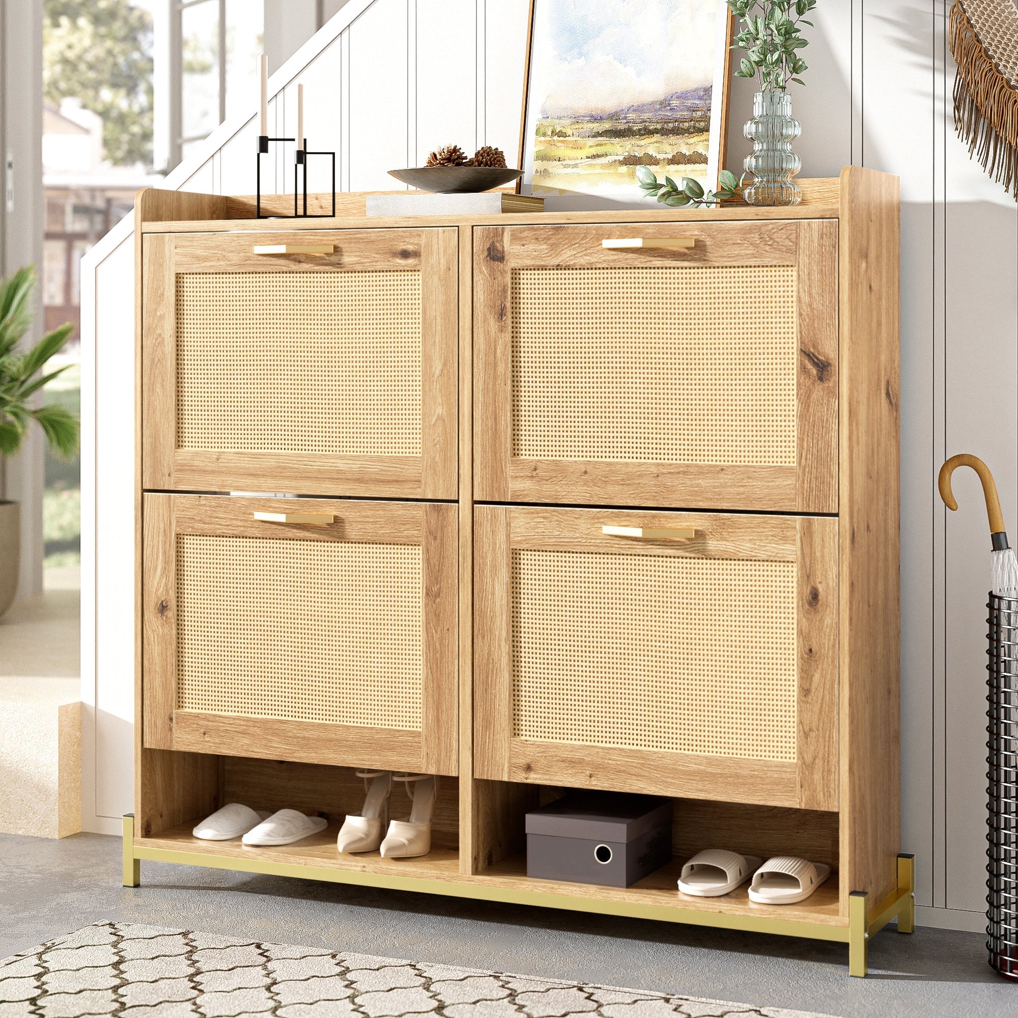 Elegant Shoe Cabinet 4 Doors Metal Frame Top Shelf Wooden Rattan