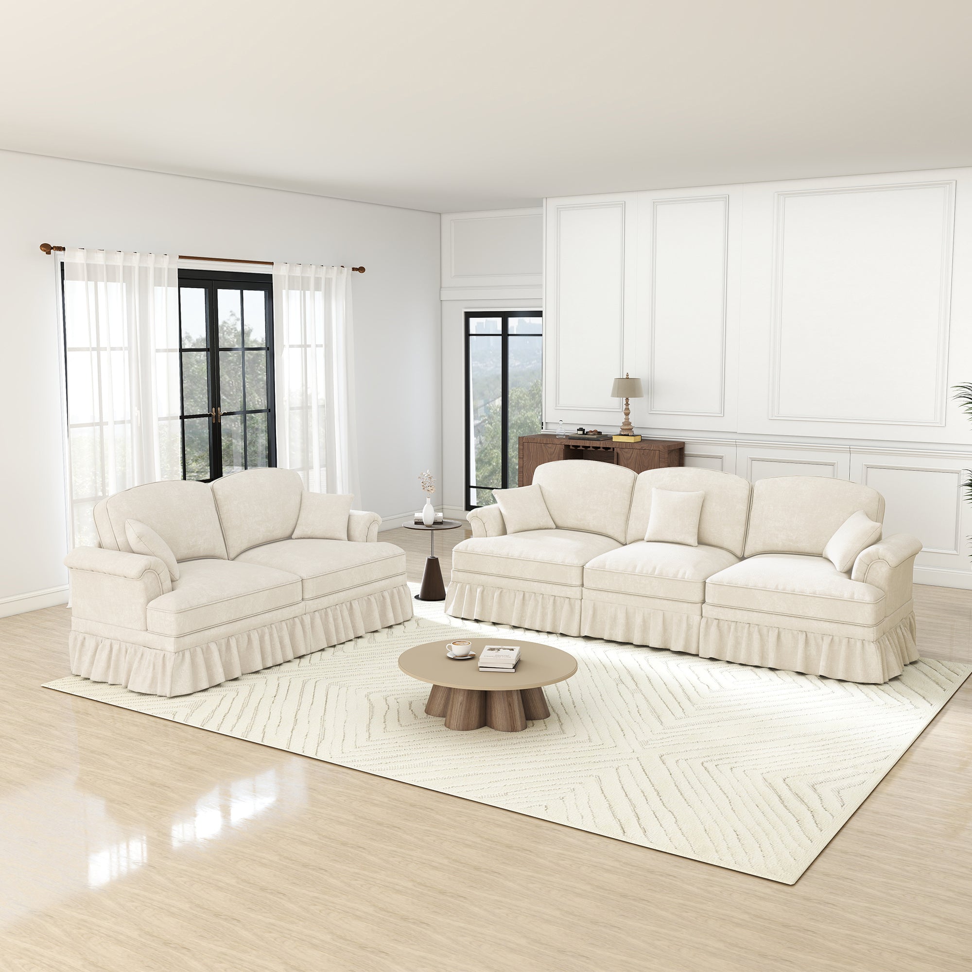 Classic 2-piece Modular Sofa Set 3-Seater 2-Seater Loveseat Ruffled Apron Spindle Legs - Chenille White