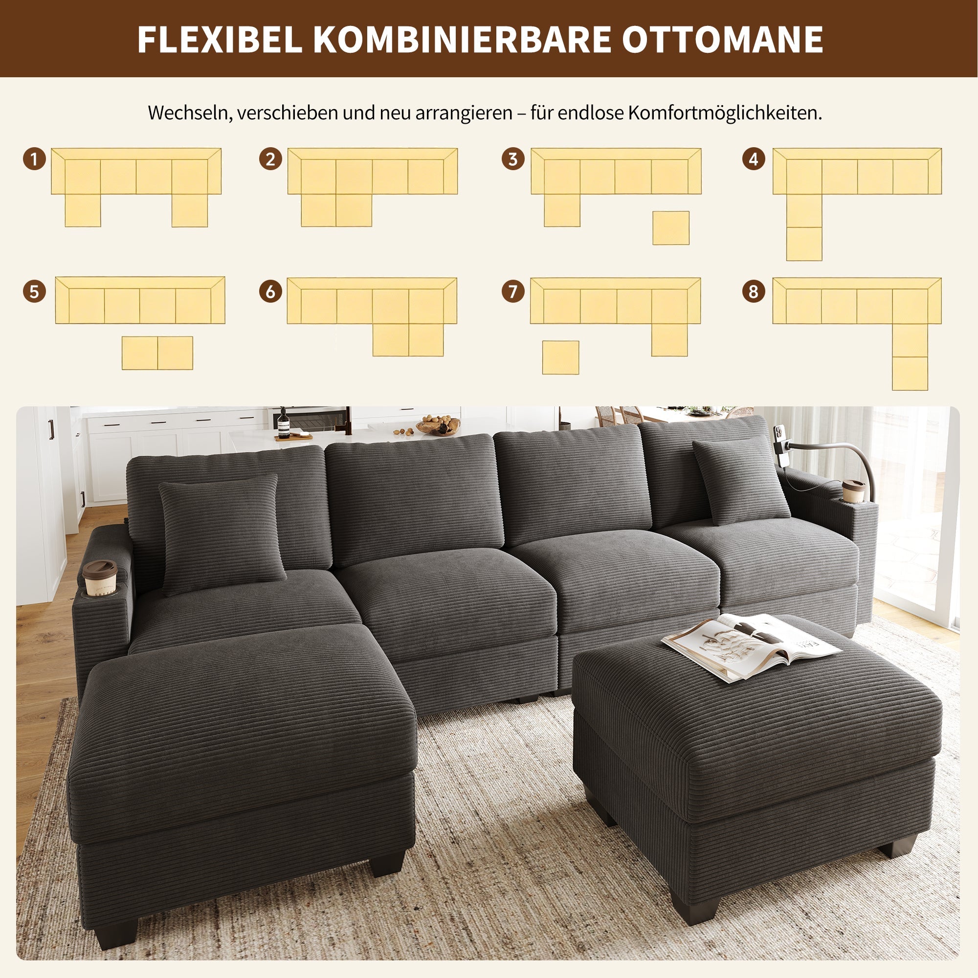 U-Shaped Modular Sofa with Sleeping Function, USB Port and Phone Holder, Gray Corduroy