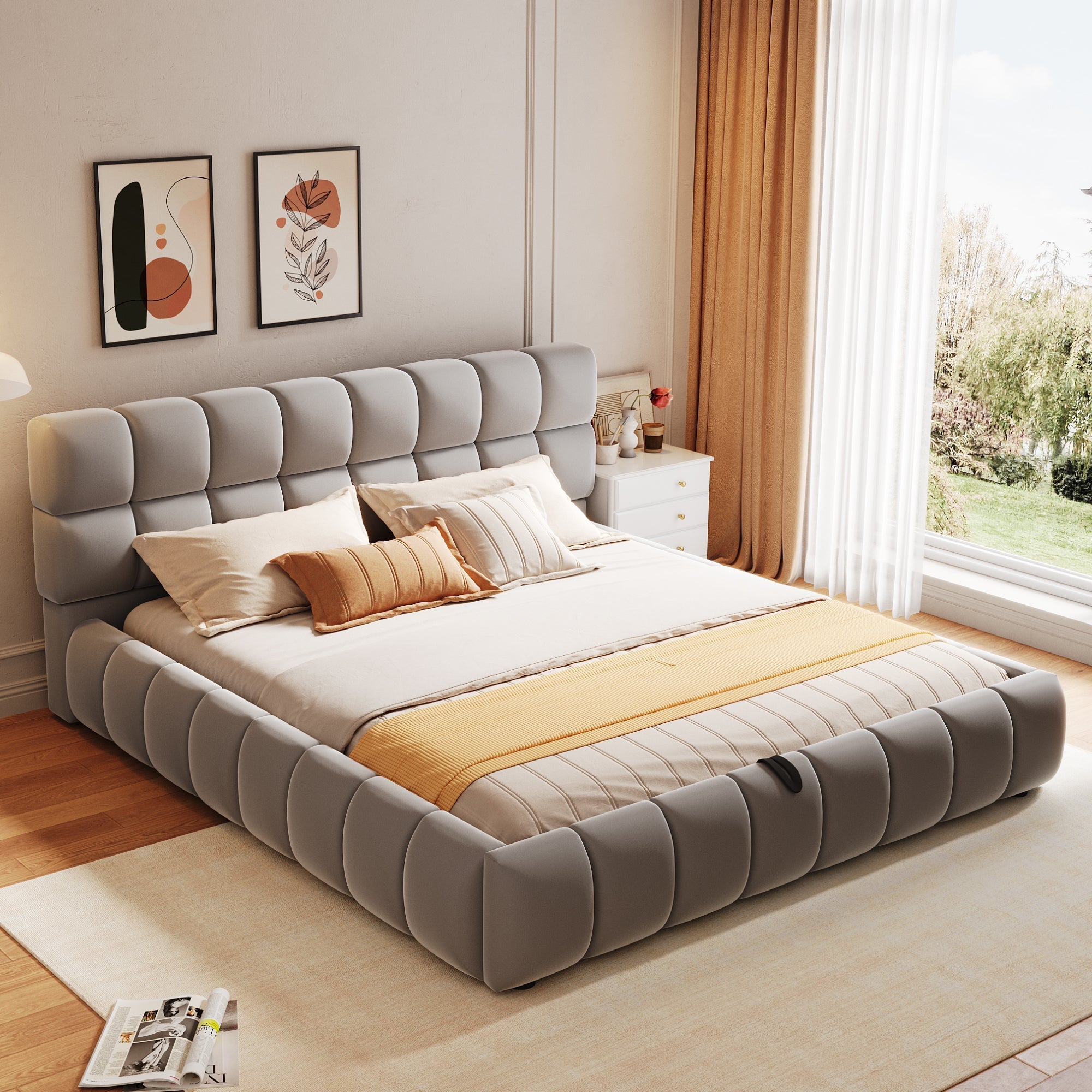 Upholstered Bed 140x200cm Hydraulic Storage Velvet Grey