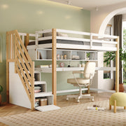 Children's Loft Bed with Large Desk and Shelves, Natural and White