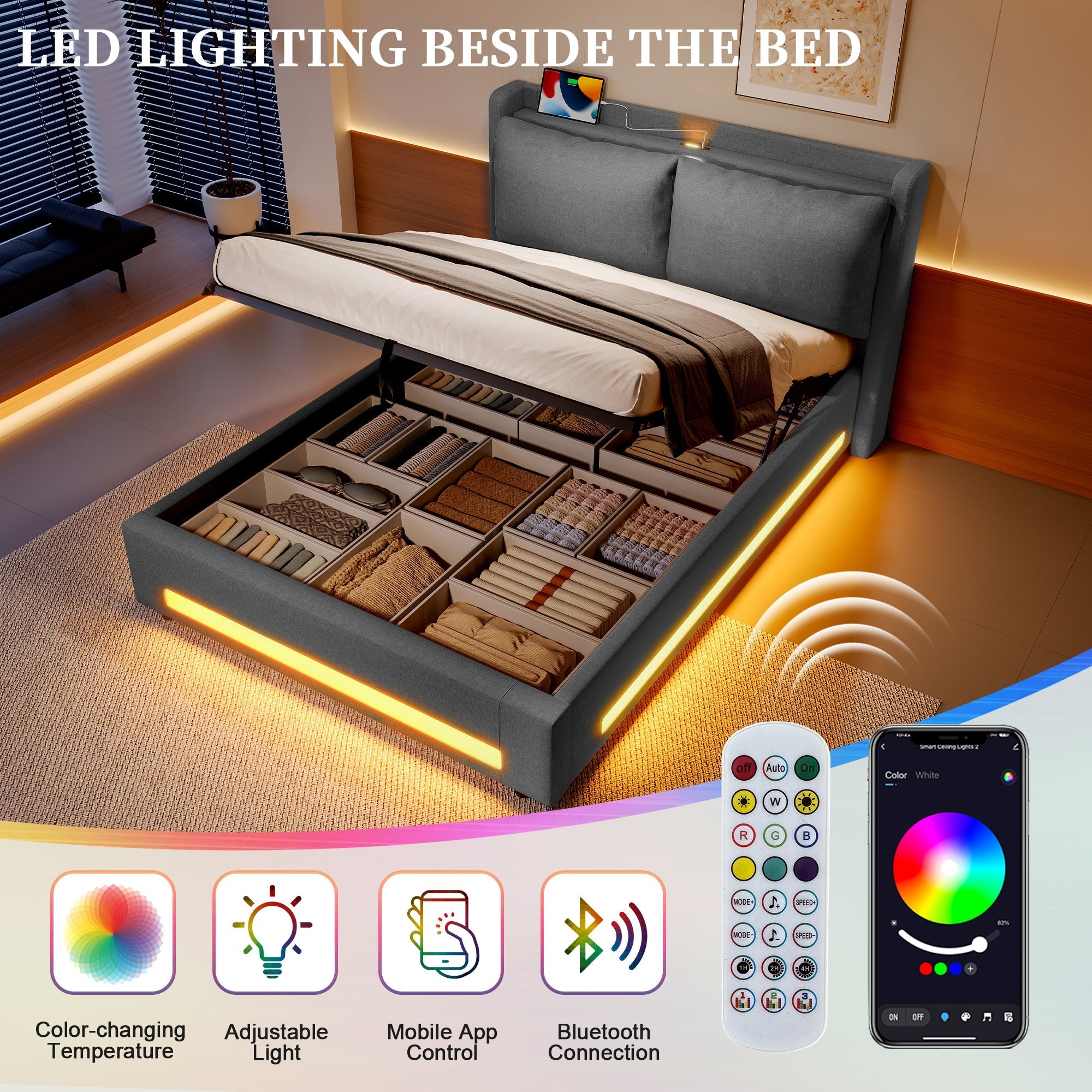 Modern Upholstered Bed with Storage, USB-C, LED Lights, Hydraulic Lift, Velvet