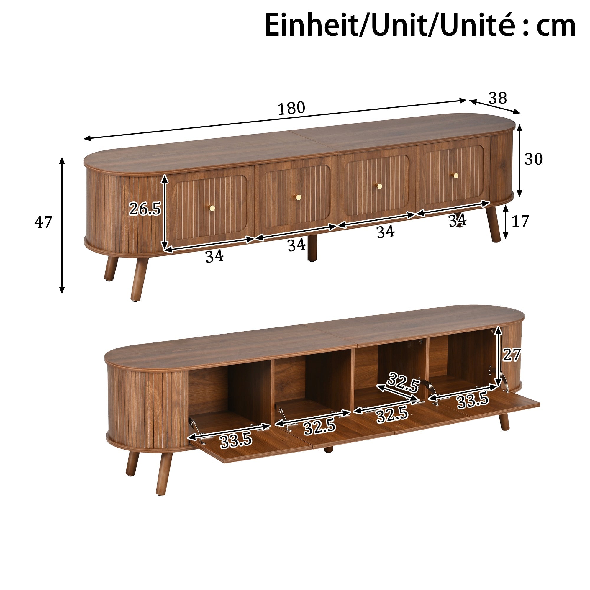 TV Stand Modern Low 4 Cabinet Doors Gold Handles 180cm