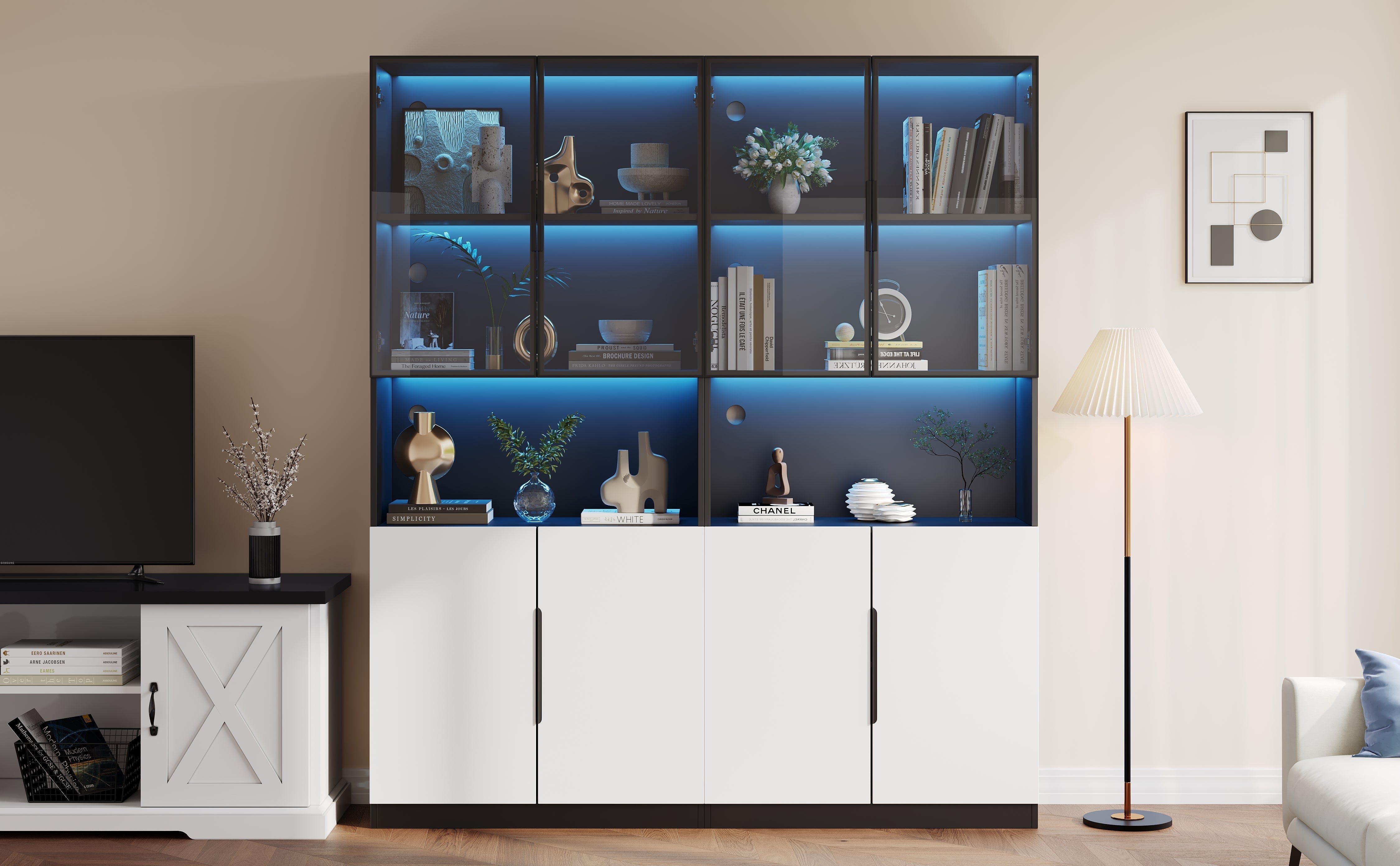Display Cabinet Modern Minimalist Glass Doors LED Lights Adjustable - White/Black
