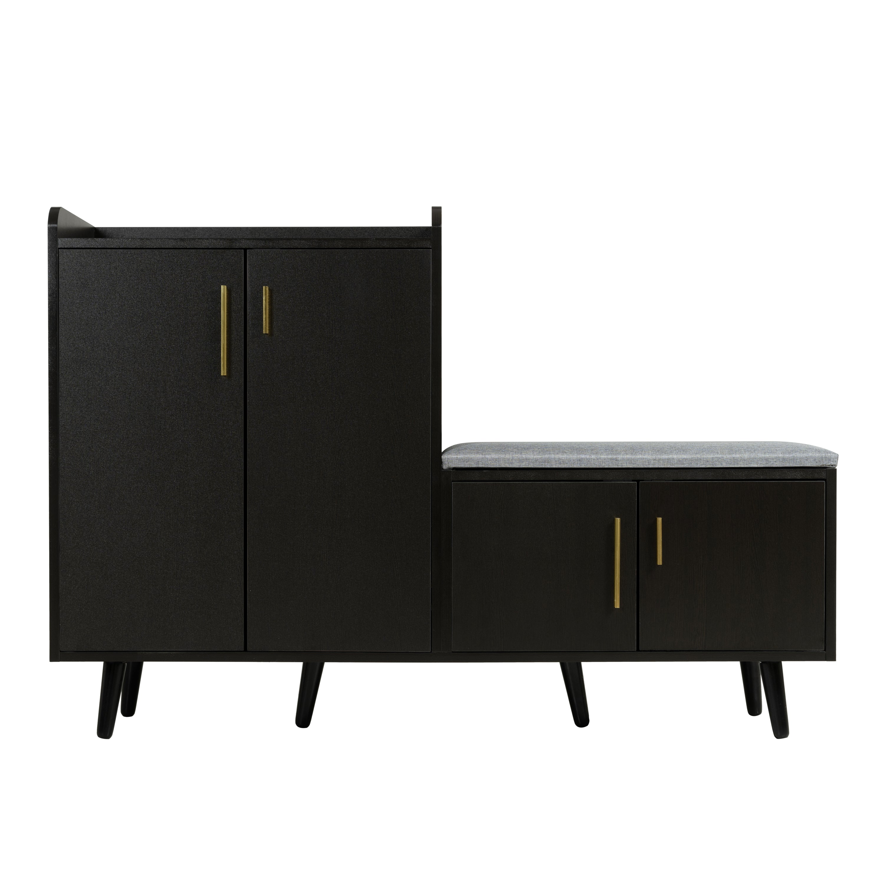 Modern Shoe Bench, Shoe Cabinet with Four Storage Doors, Black Walnut Wood