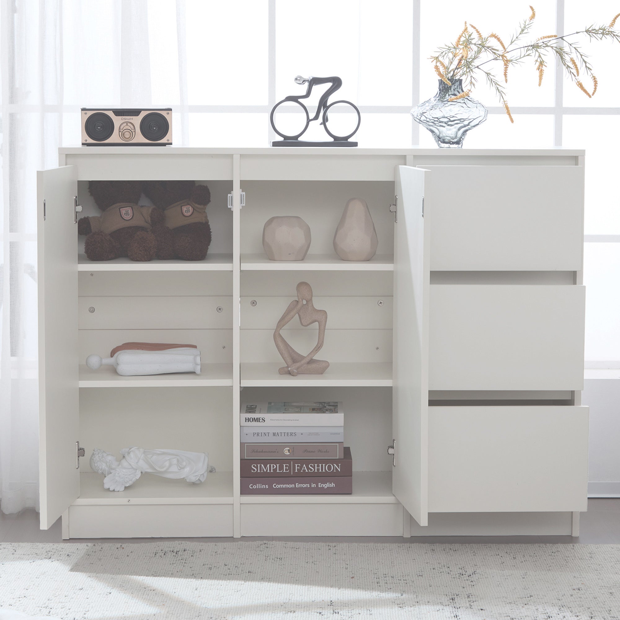 Modern Sideboard Chest of Drawers Shoe Cabinet with Storage, Two Doors, Three Drawers, Adjustable Shelf, White
