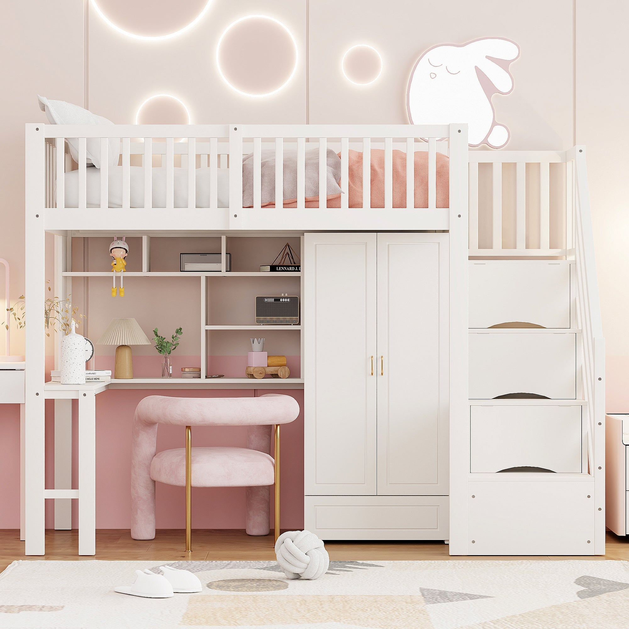 Loft Bed with Wardrobe, Shelf, Table & Storage Stairs, Wooden, White