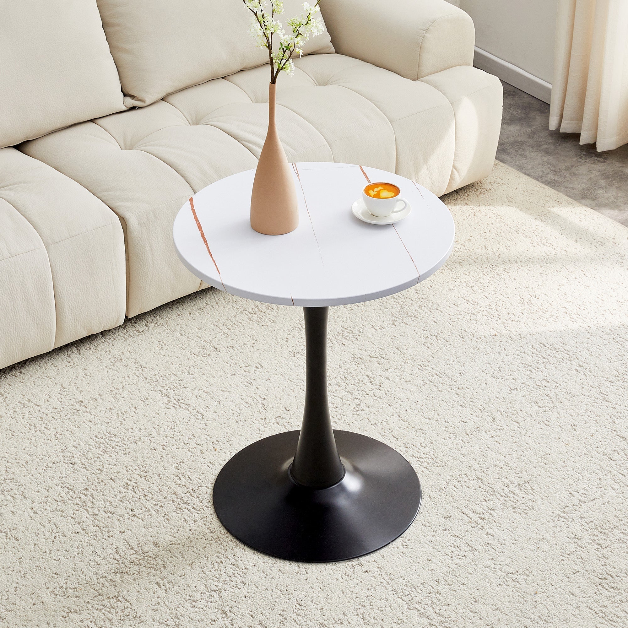 Round 60cm Side Table Small Dining Table MDF Thermoforming Black Leg White Grain Look
