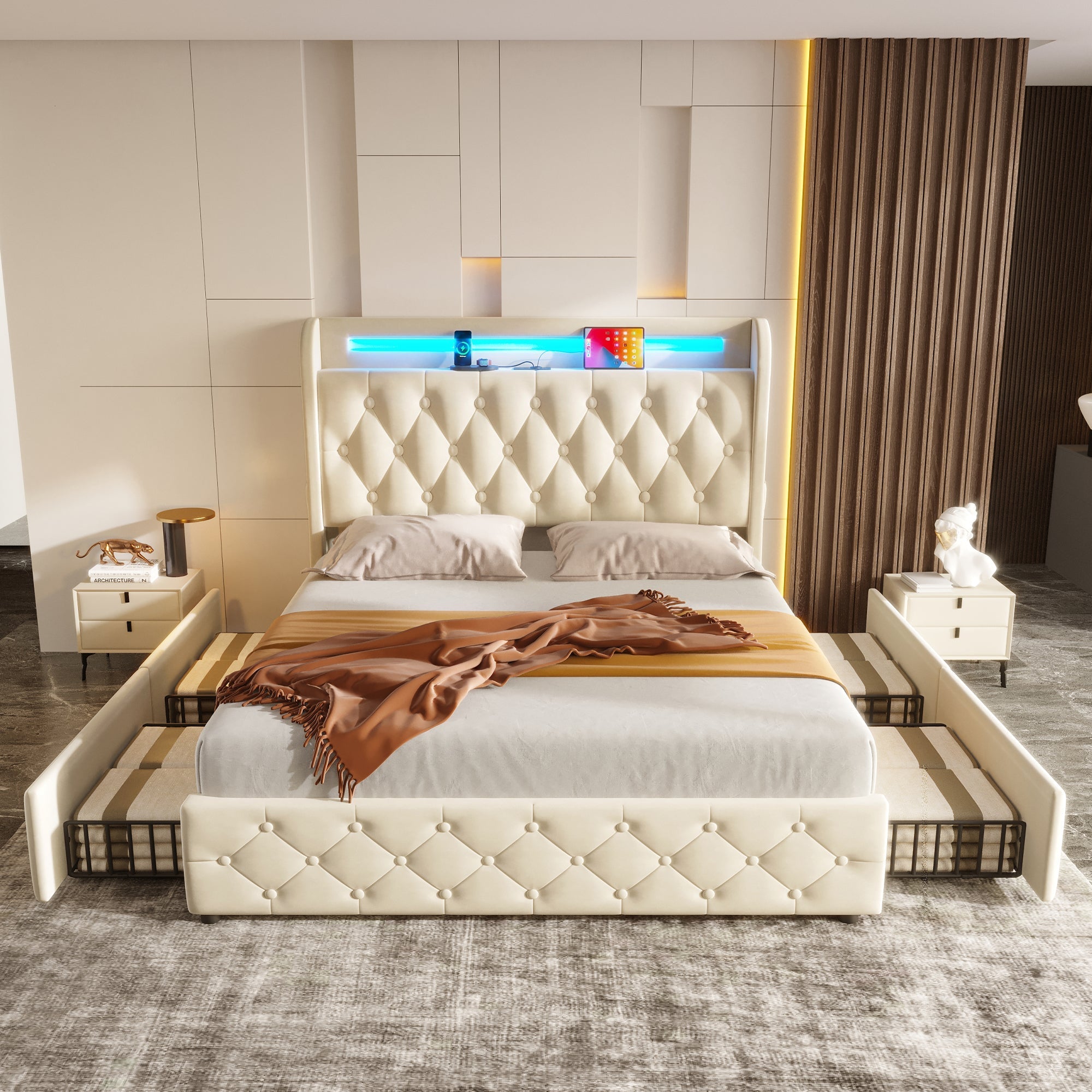 Upholstered Bed 140x190cm LED USB Headboard Storage 4 Drawers - Velvet