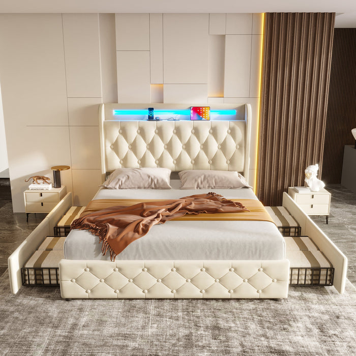 Upholstered Bed 140x190cm LED USB Headboard Storage 4 Drawers - Velvet