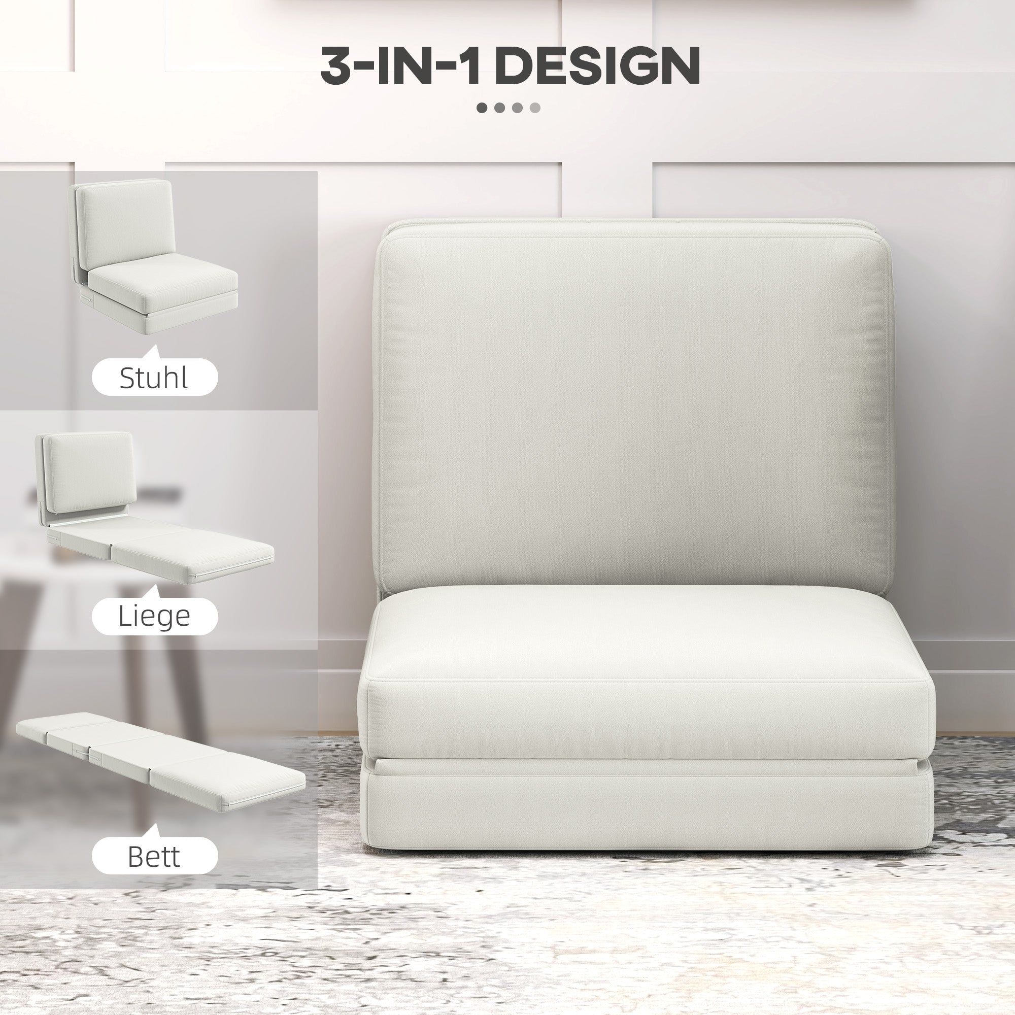 Klappbares Samt-Schlafsofa, 3-in-1, Stauraum, Cremeweiß