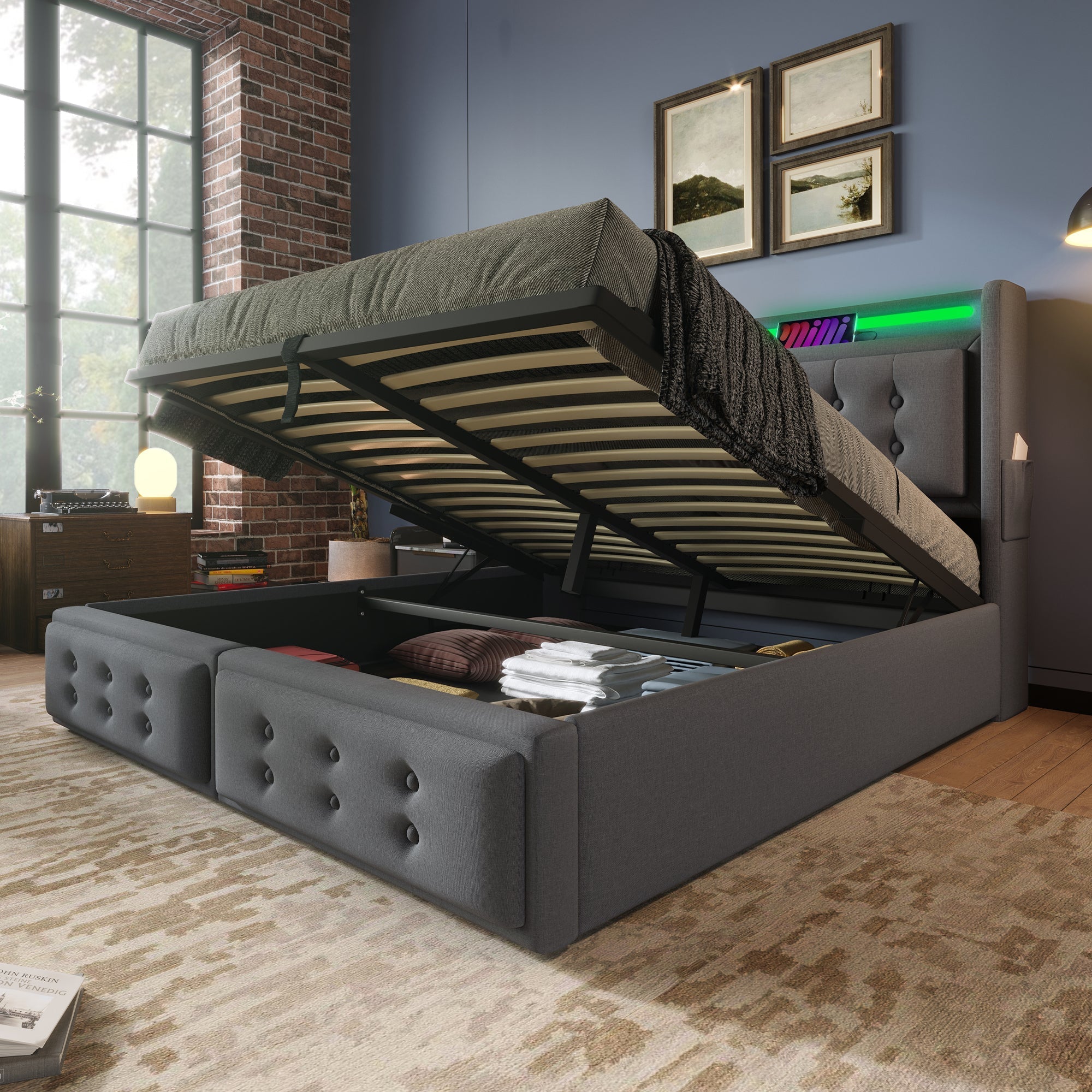 Upholstered Bed 160x200, LED Headboard & USB C, Hydraulic, 300kg Capacity, Gray Cotton