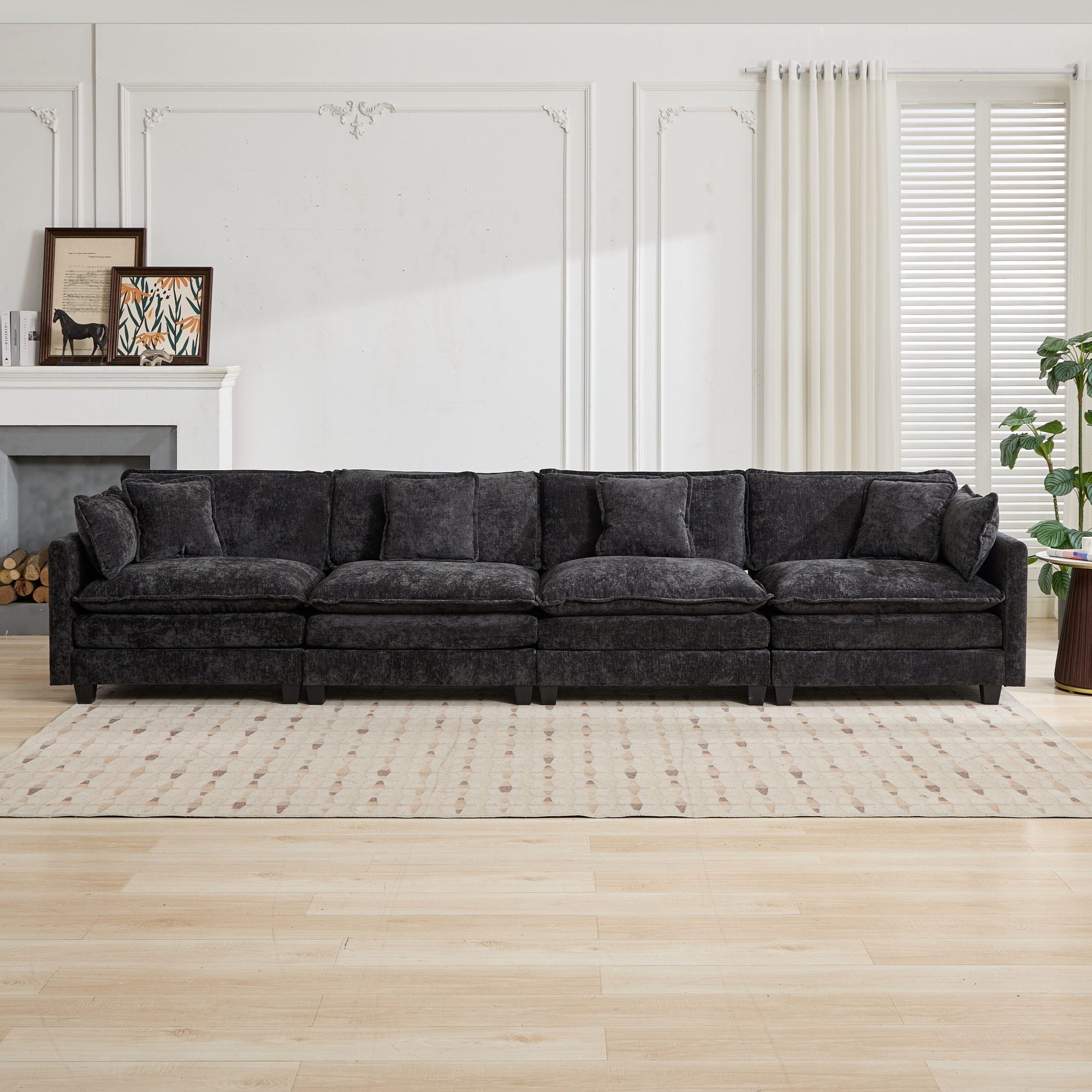 Cloud Sofa 4 Seats, Modern Sectional Couch with Double Layer Cushions, Black Chenille Fabric
