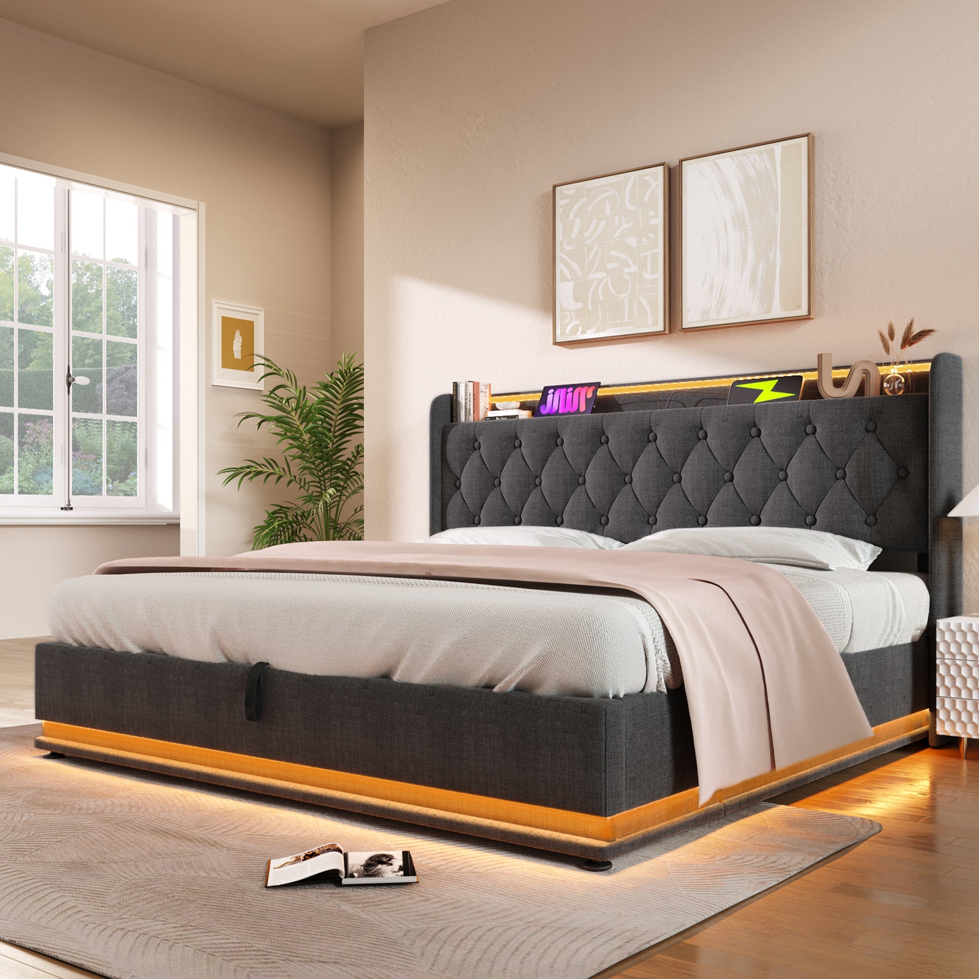 Upholstered Double Bed with 360-degree LED Lighting, Hydraulic Storage, USB Type-C and Padded Headboard, 140x190cm, Grey Linen