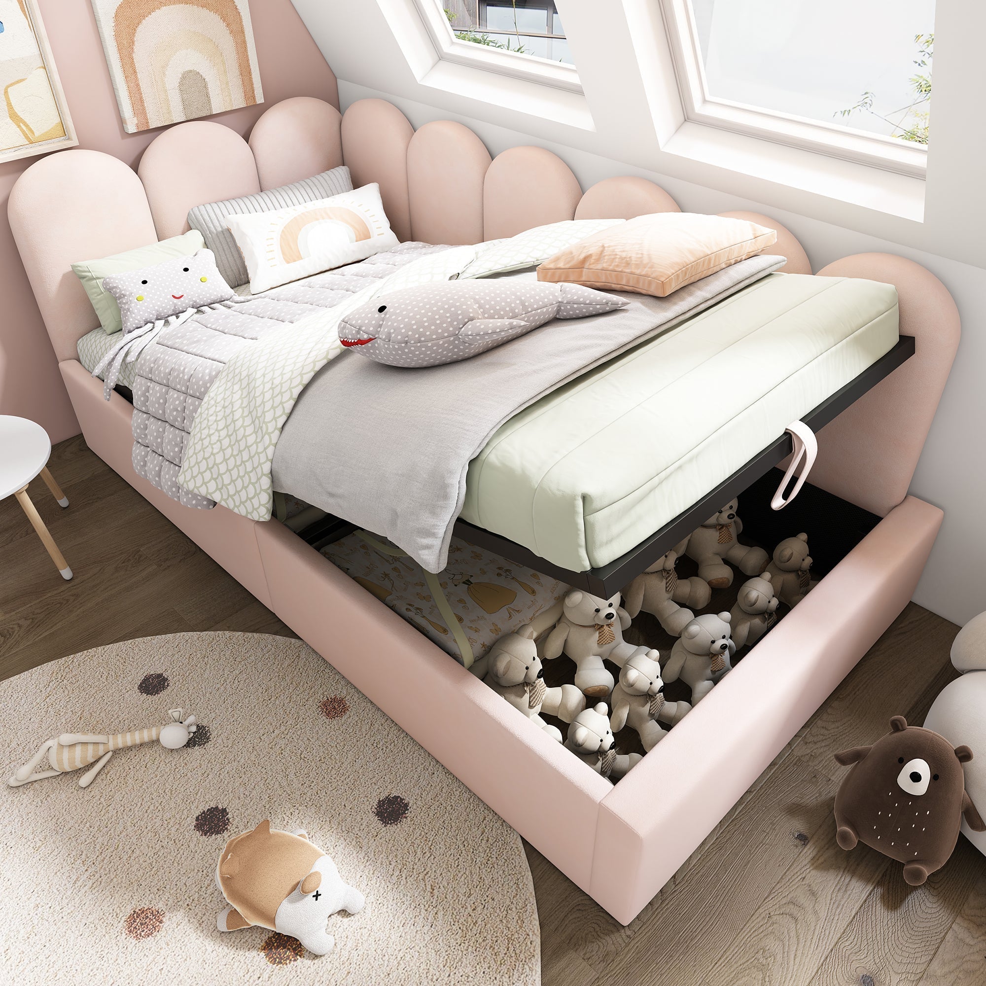 Upholstered Daybed Bed with Hydraulic Storage, 3FT Single 90x190cm Metal Frame, Velvet Pink