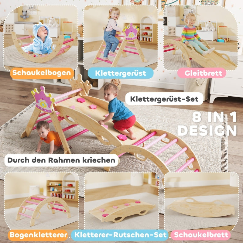 Indoor Climbing Frame 8-in-1 Princess Slide Ramp Arch - Wood
