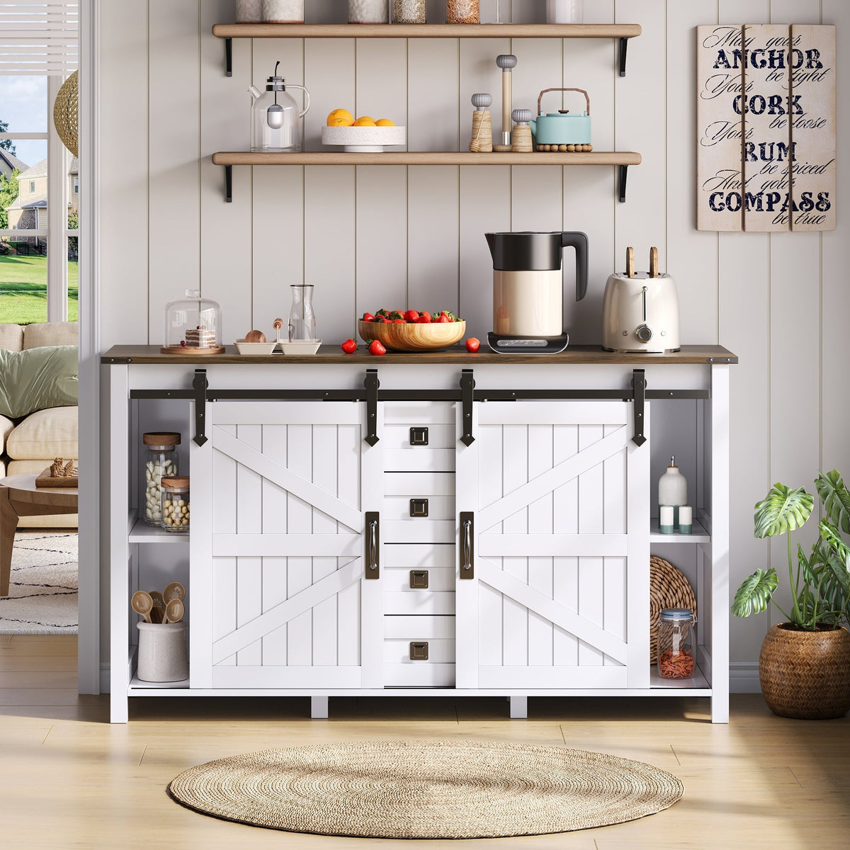 Sideboard 137cm Sliding Doors 4 Drawers Vintage Storage - White