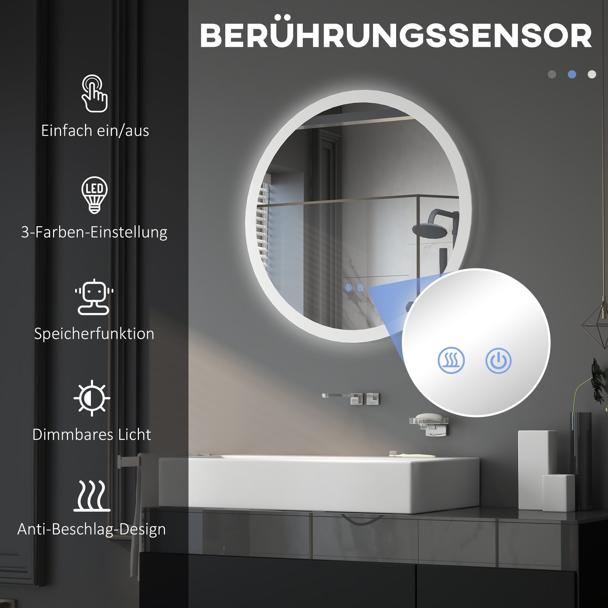 Illuminated Bathroom Mirror, Ø70 cm, 3 Light Colors, IP44, Anti-Fog, Wall Mirror