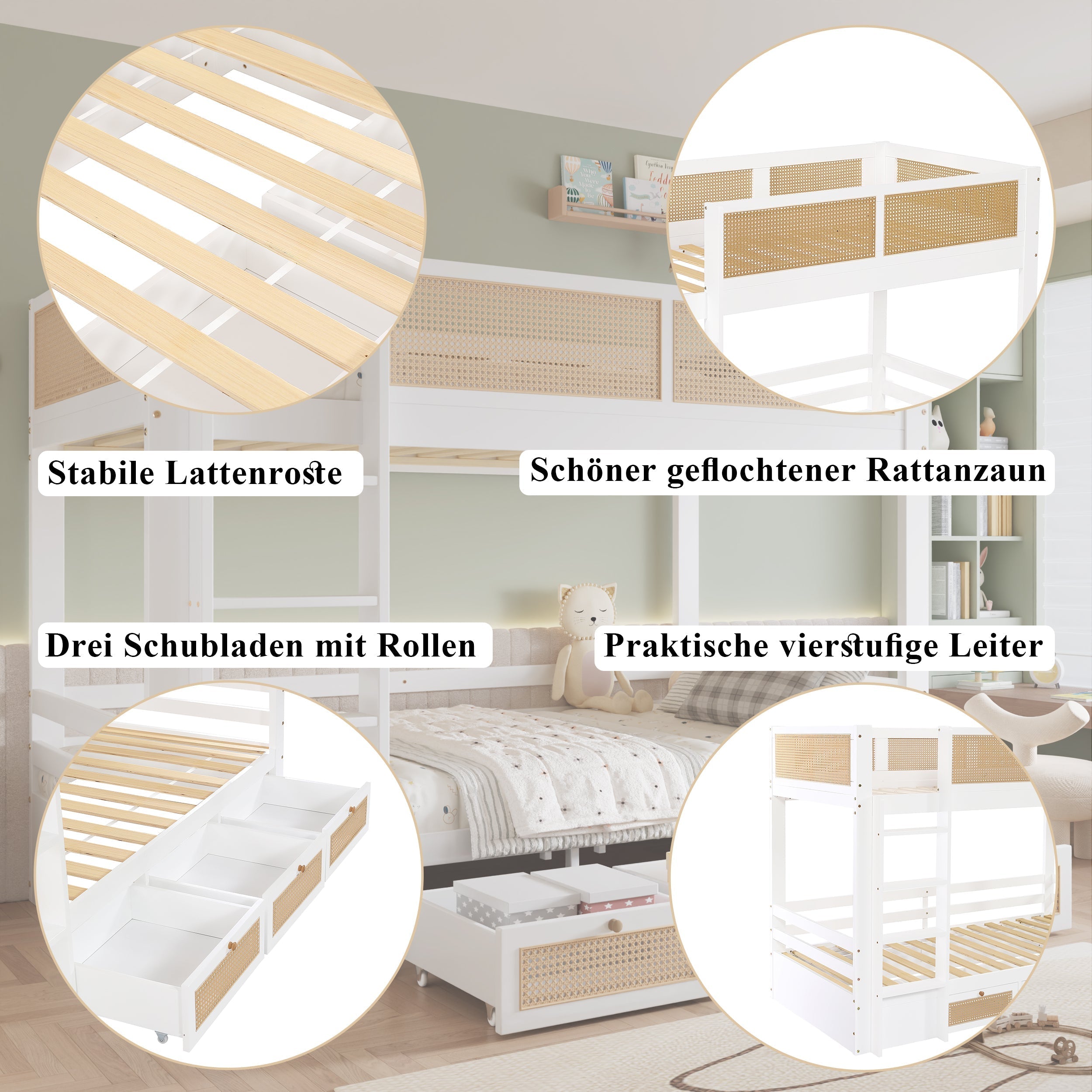 Bunk Bed, Rattan Fence with Drawers & Safe Rails, Pine + MDF + Plywood, White + Natural, 90x200cm