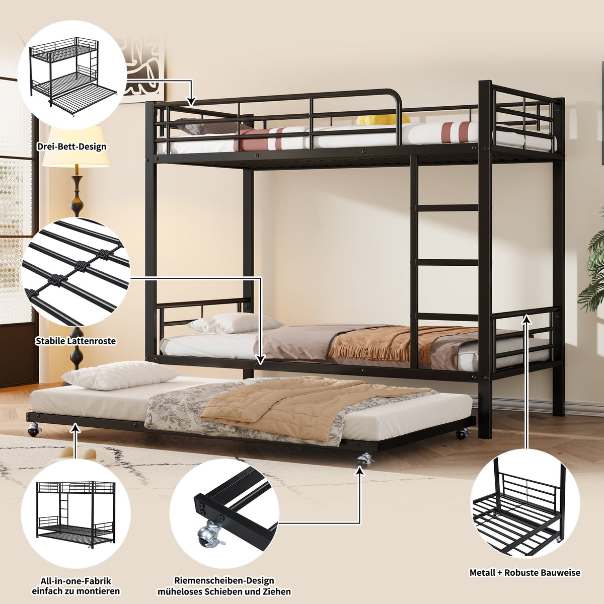Iron Bunk Bed Pull-out Bed 4 Side Rails 90x200cm & 90x190cm, Black Metal