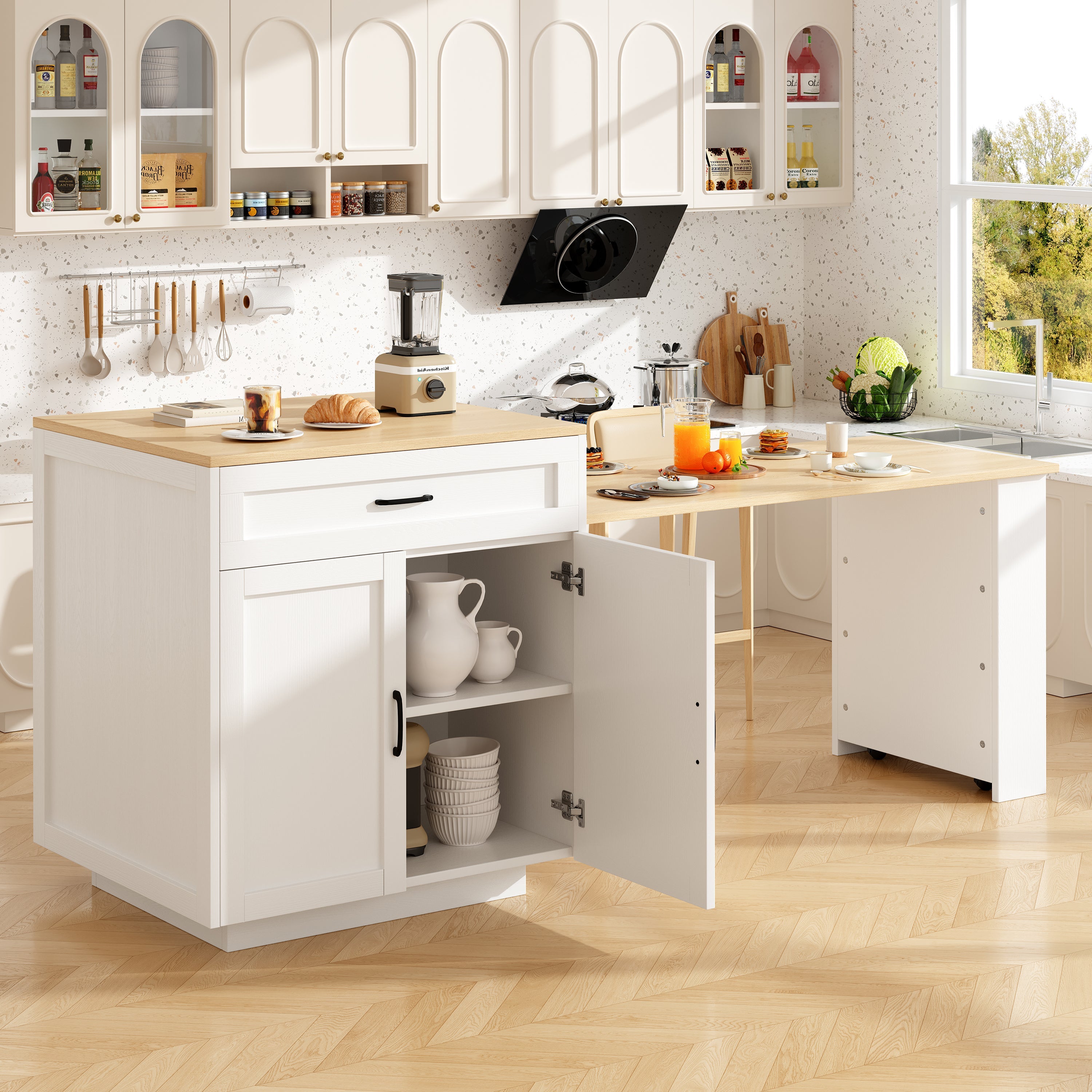 Extendable Bar Table 133-202cm with Storage, 2 Drawers & Side Shelves - White