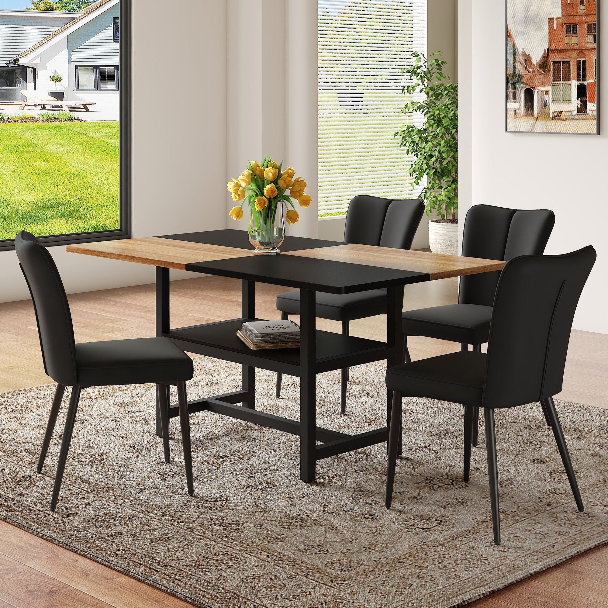 Dining Set 160cm Rectangular Storage with 4 Modern PU Chairs - Black