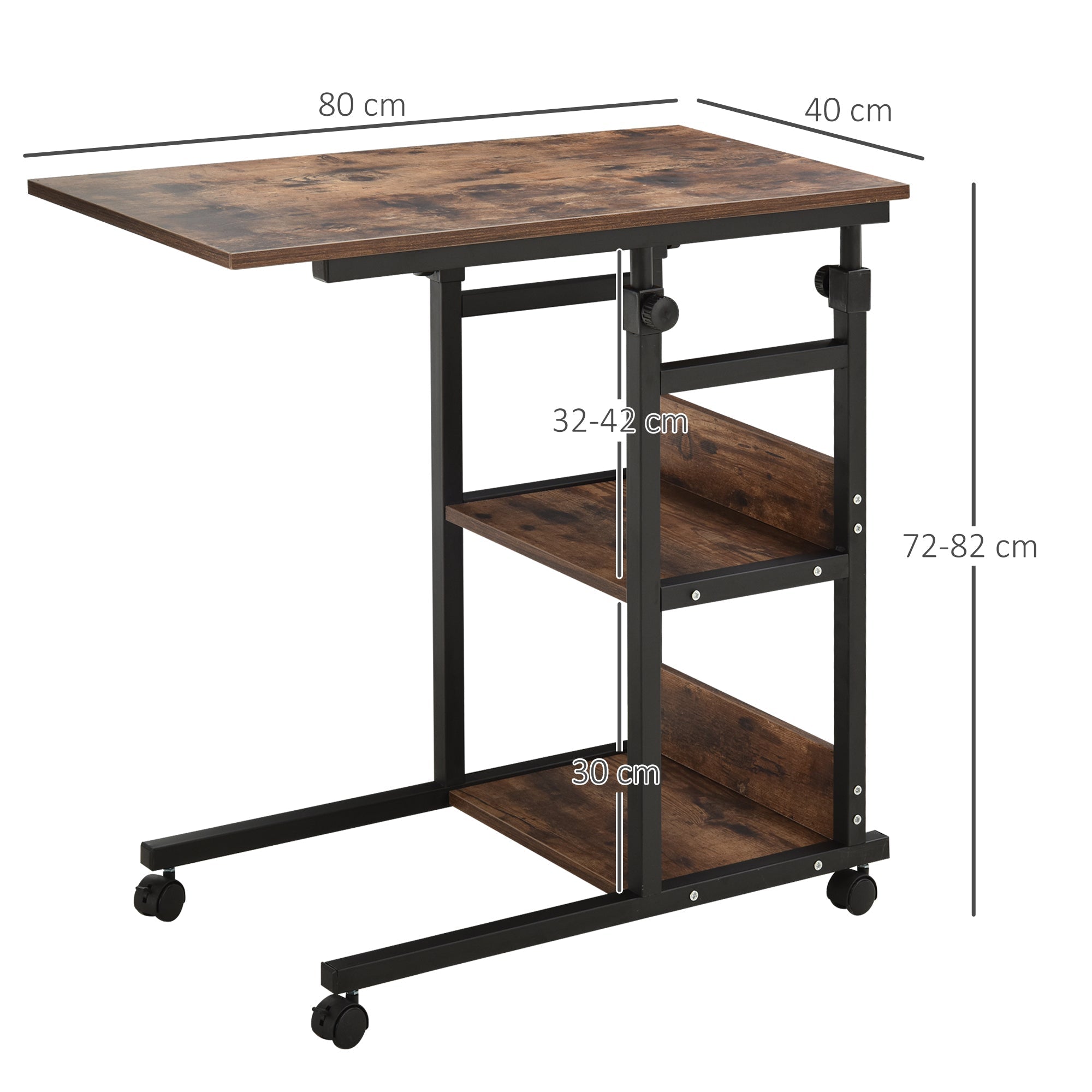 Beistelltisch, höhenverstellbarer Couchtisch 80x40x72-82 cm 2 Ablagen schwarzes Metall
