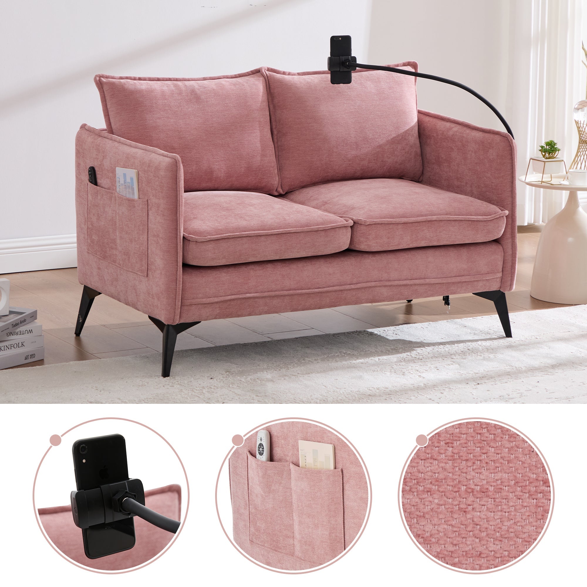 Modern Double Sofa with Storage & Adjustable Phone Holder, Fabric