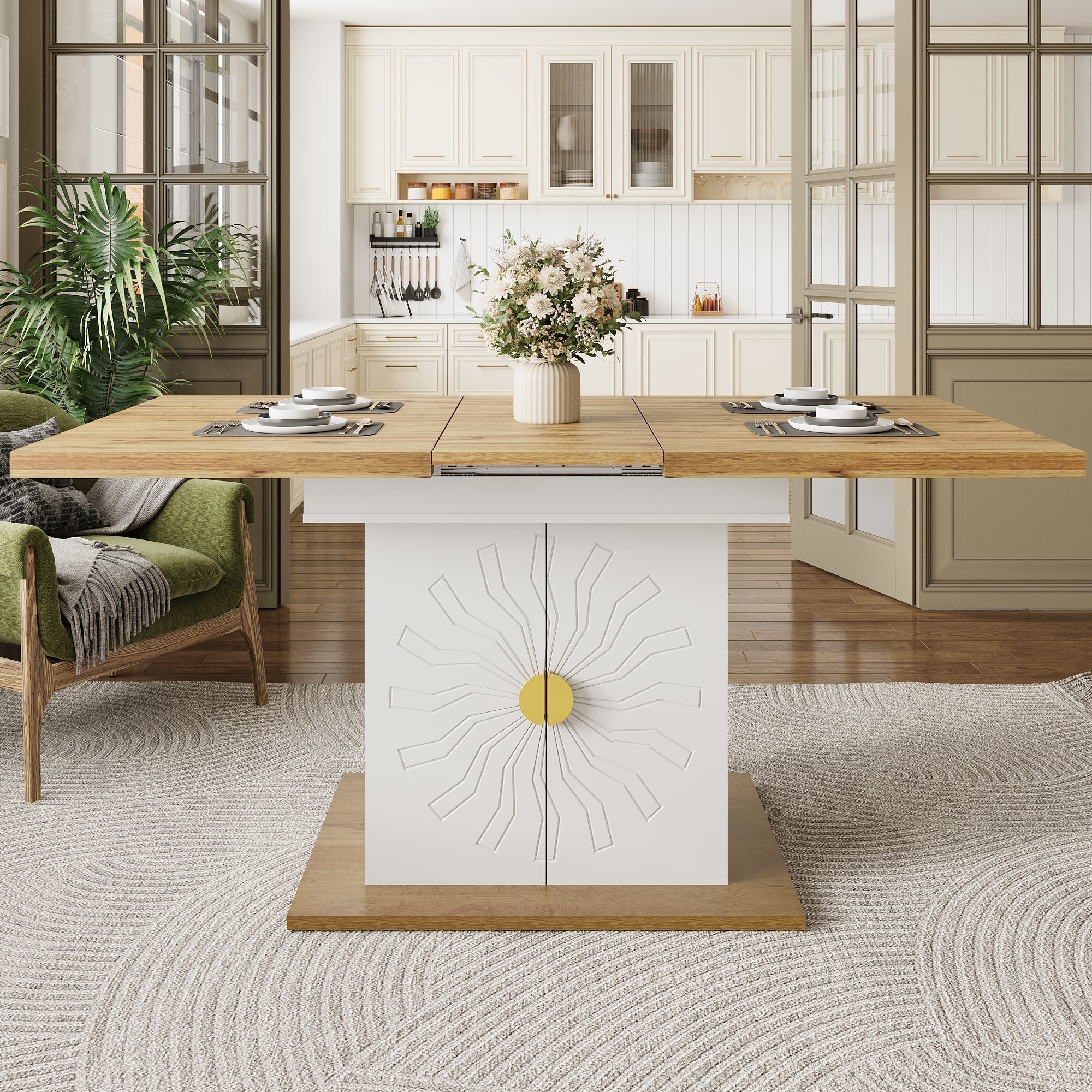 Extendable Dining Table with Storage and Sunburst Relief, Wood Veneer