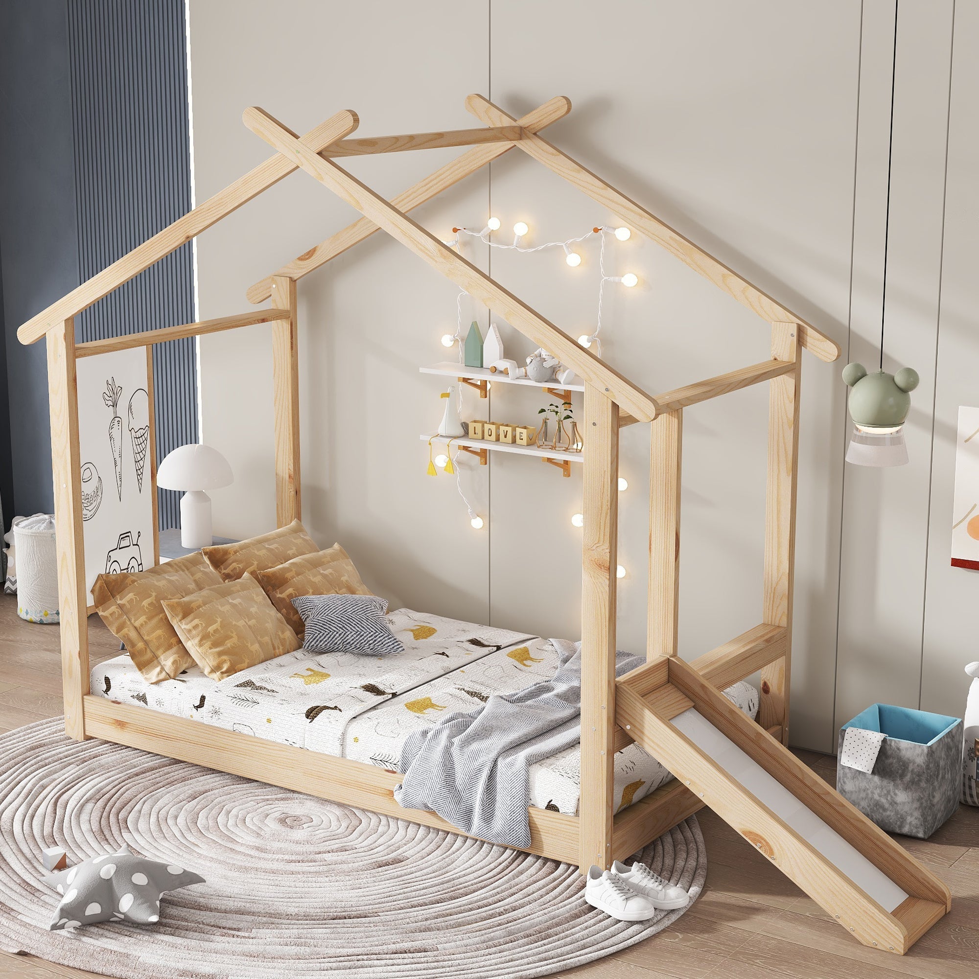 Wooden Bed, Single with Slide, Roof Design & Whiteboard, Pine + MDF + Plywood