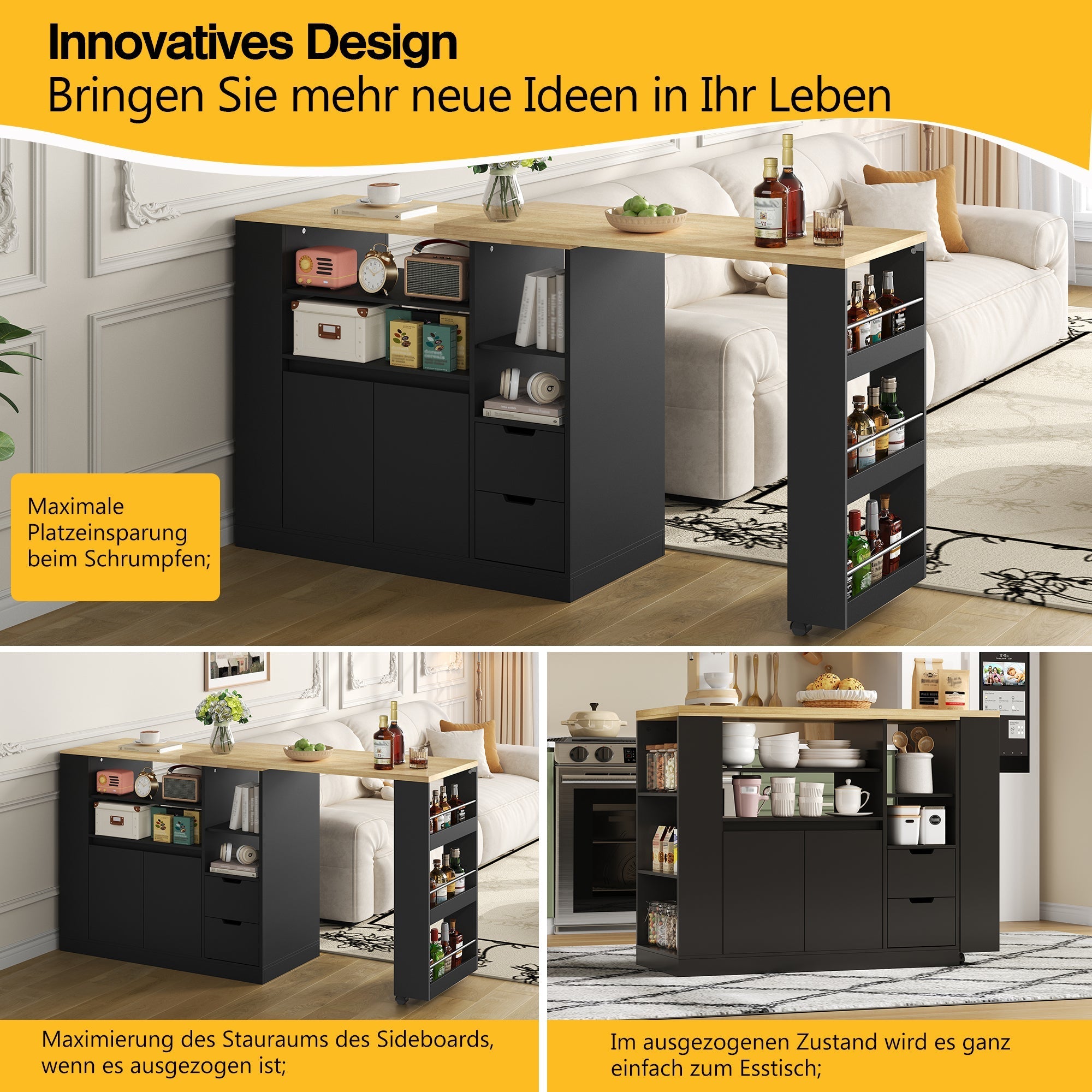 Kitchen Island with Extendable Worktop and Storage Drawers, Wood Look