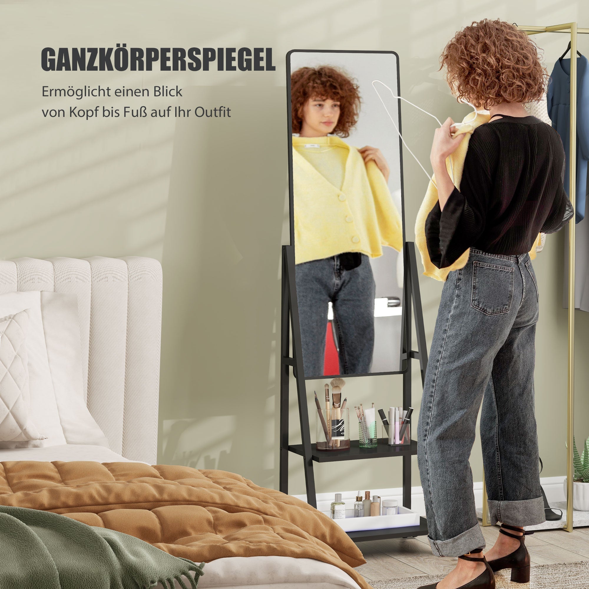 Ganzkörperspiegel, 42 x 155 cm mit Ablage und Rollen, Schwarz