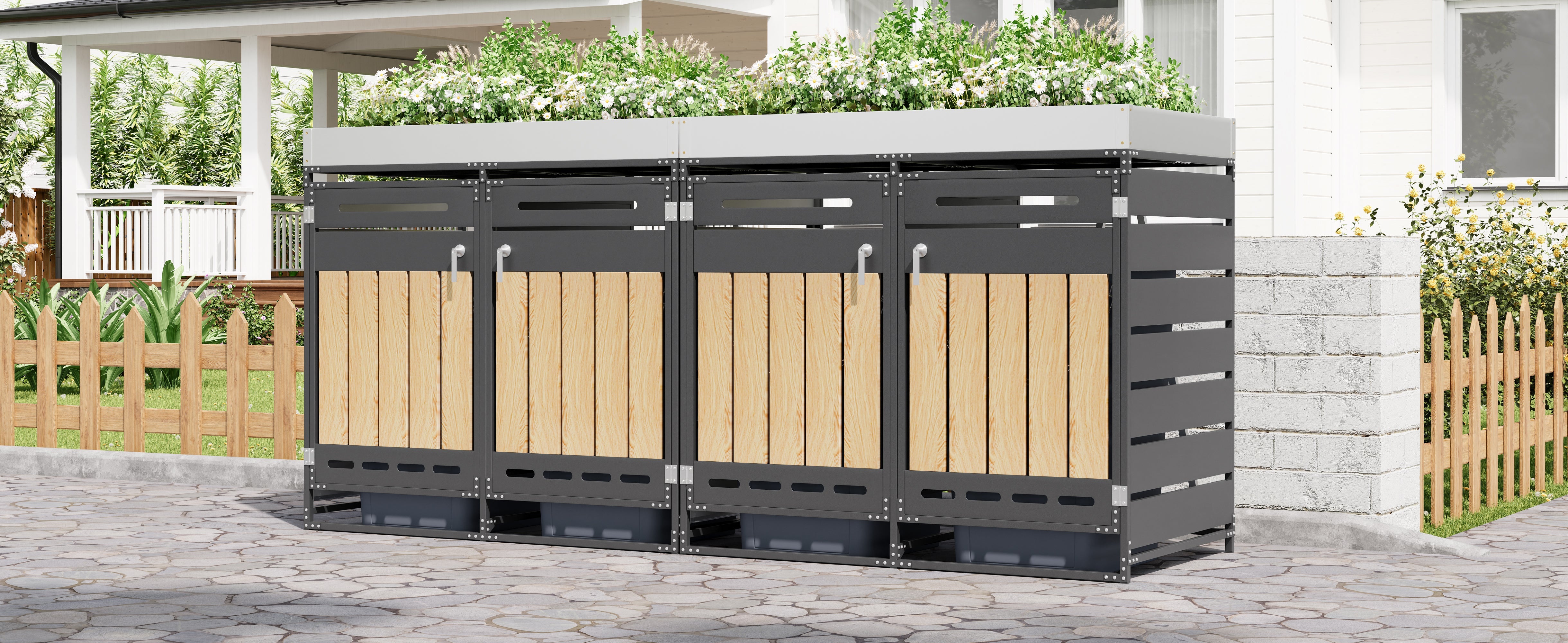 Set of 4 Bin Storage Units with Planter Boxes and Locking Garden Cabinet, Iron with Vertical Wood Grain Panels