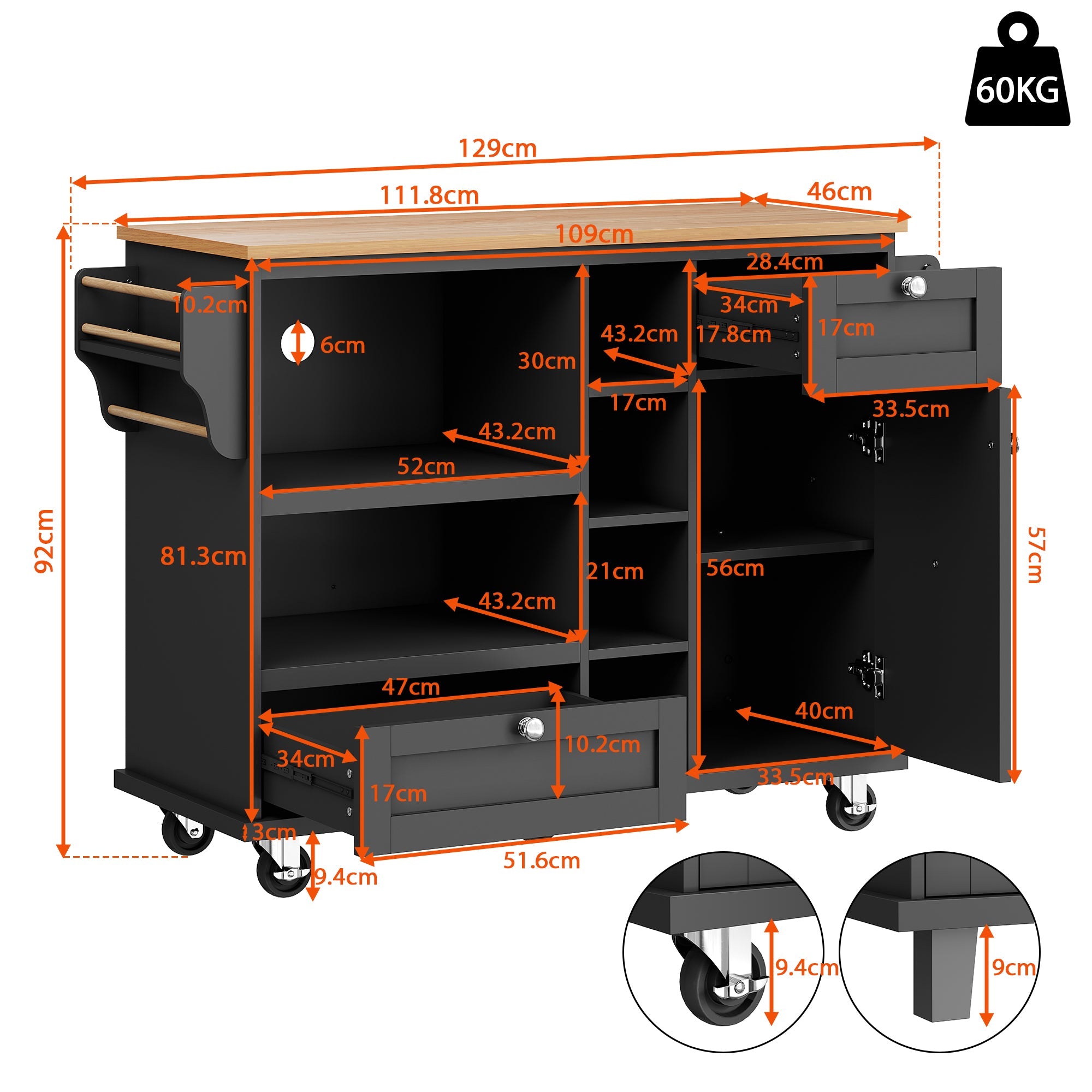 Dining Trolley Mobile Kitchen Storage Cabinet with Drawers, Black/Light Brown Wood