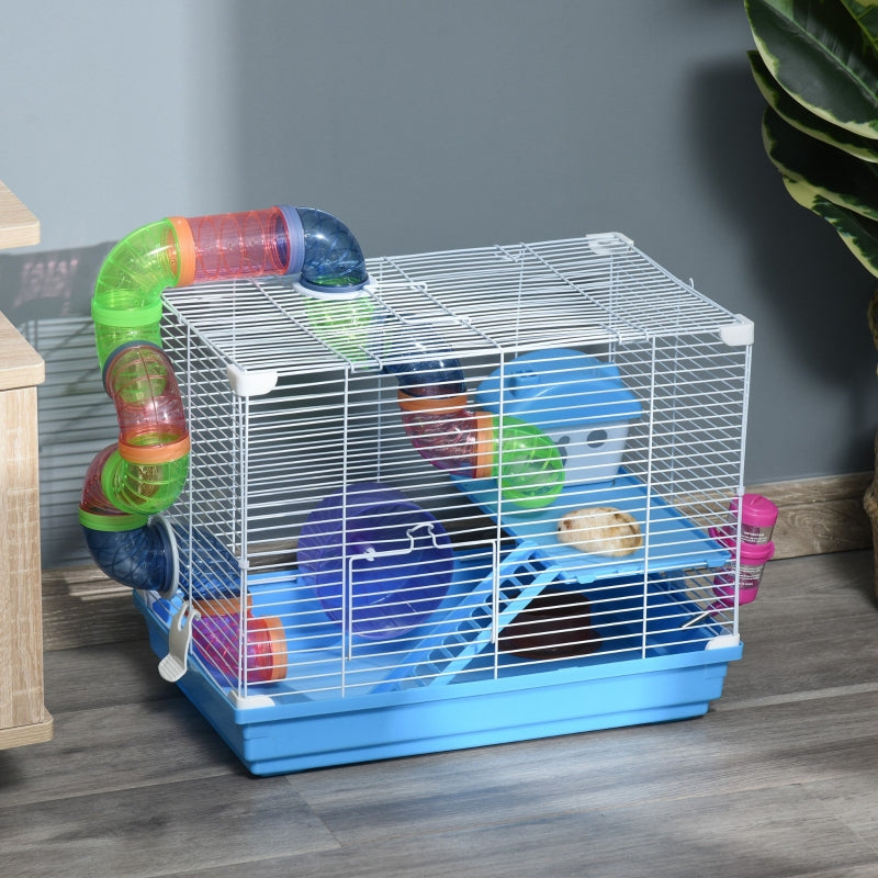 Hamster Cage, 2 Tier Gerbil Cage with Handle, Exercise Wheels, Tunnel, Tube, Water Bottle, Dishes, Ladder, Blue