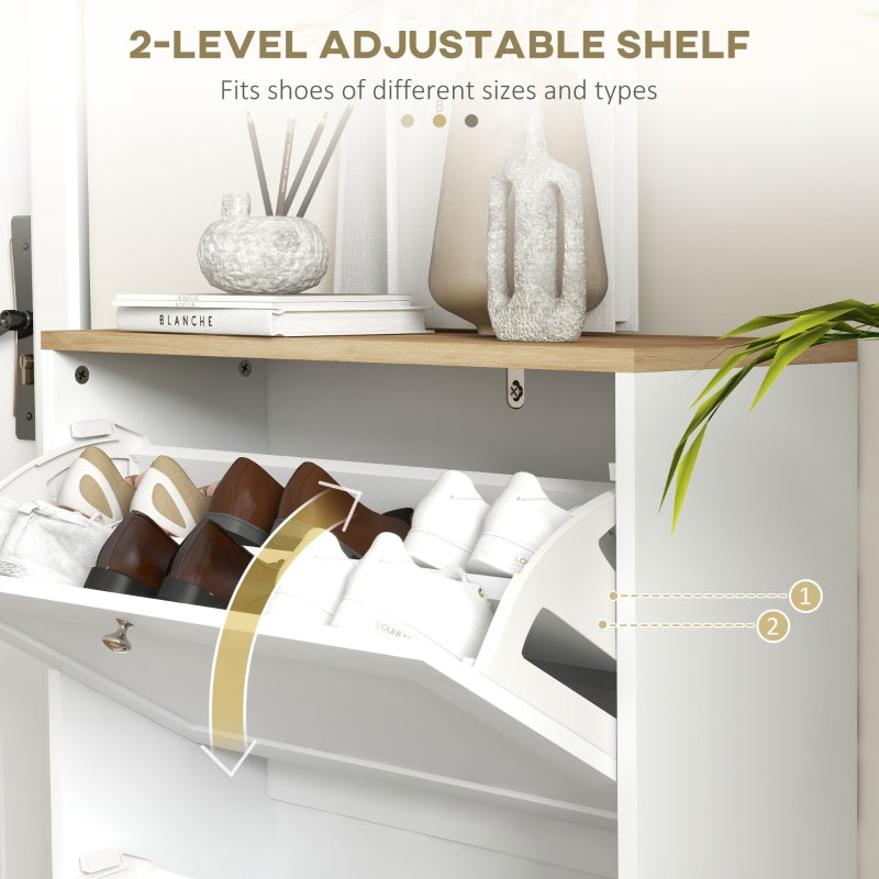 Two Flip Drawer Shoe Cabinet, Slim Storage Adjustable Shelves, White