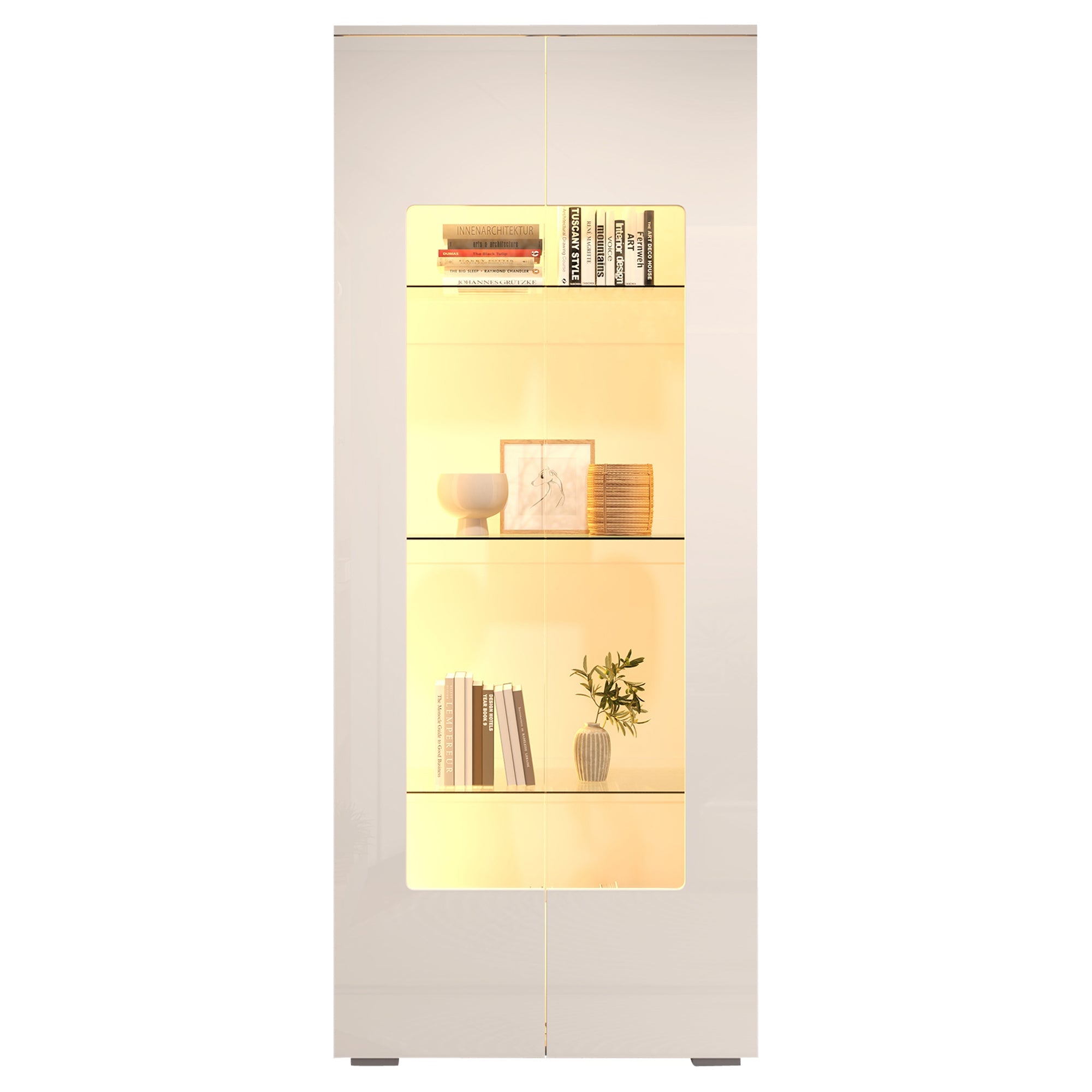 Living Room Display Cabinet, 2 Acrylic Doors, LED Light Strip, Tempered Glass, White MDF