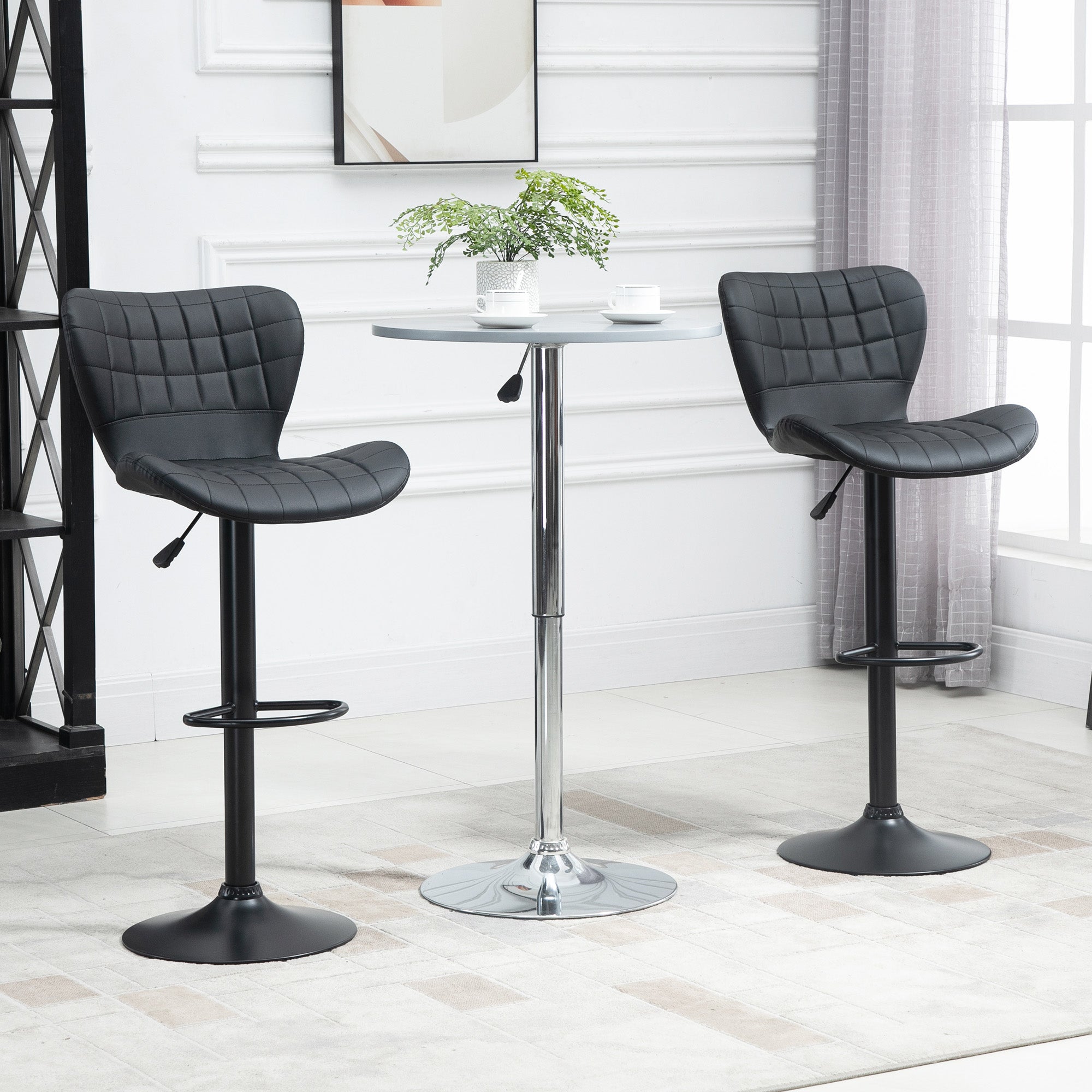 Bar Stool Set of 2, Retro Design 360° Swivel Height Adjustable, Black Leather