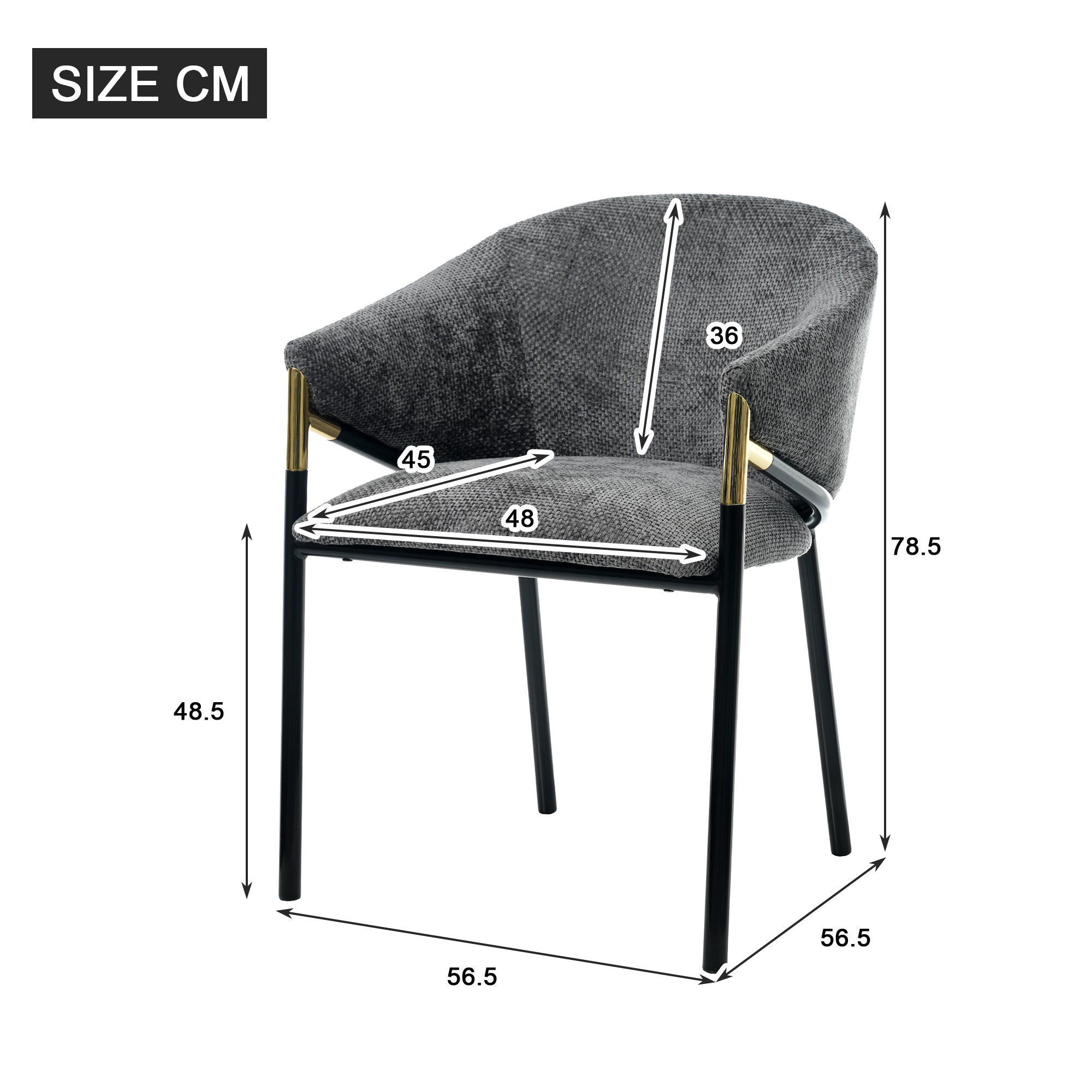 Set of 2 Modern Dining Chairs with Gold Stainless Steel Handrails, Grey Chenille Upholstery