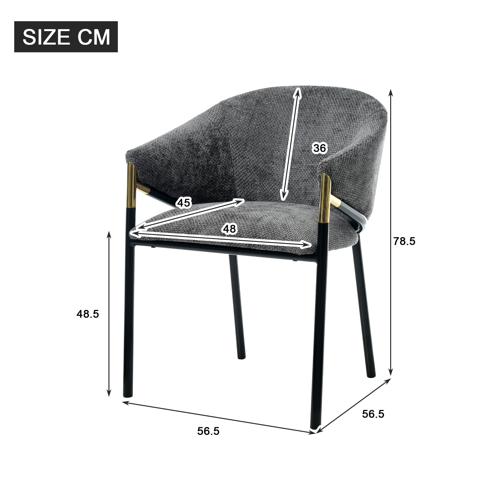 Set of 2 Modern Dining Chairs with Gold Stainless Steel Handrails, Grey Chenille Upholstery