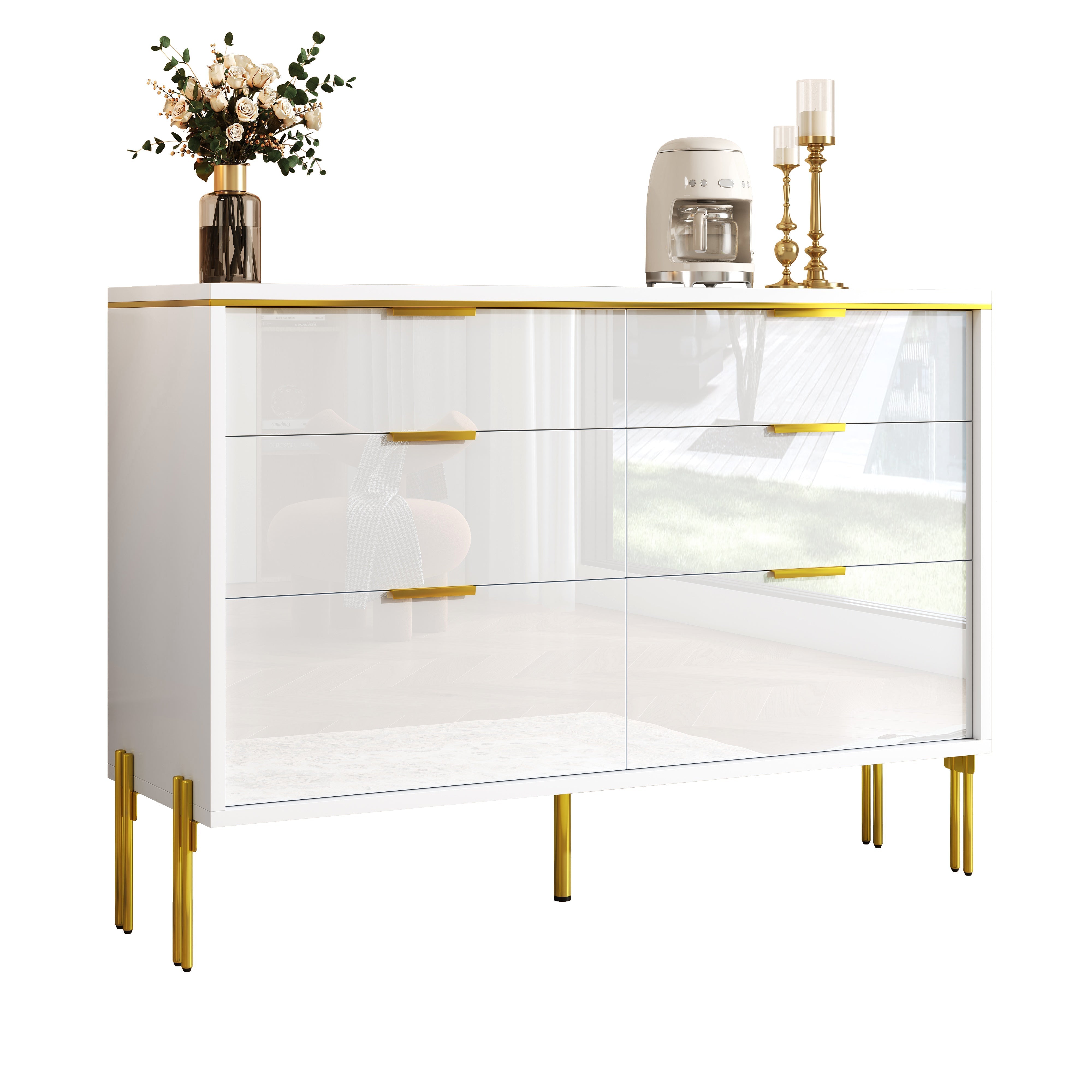Sideboard Cabinet Modern 6 Drawers High-Gloss - White and Gold