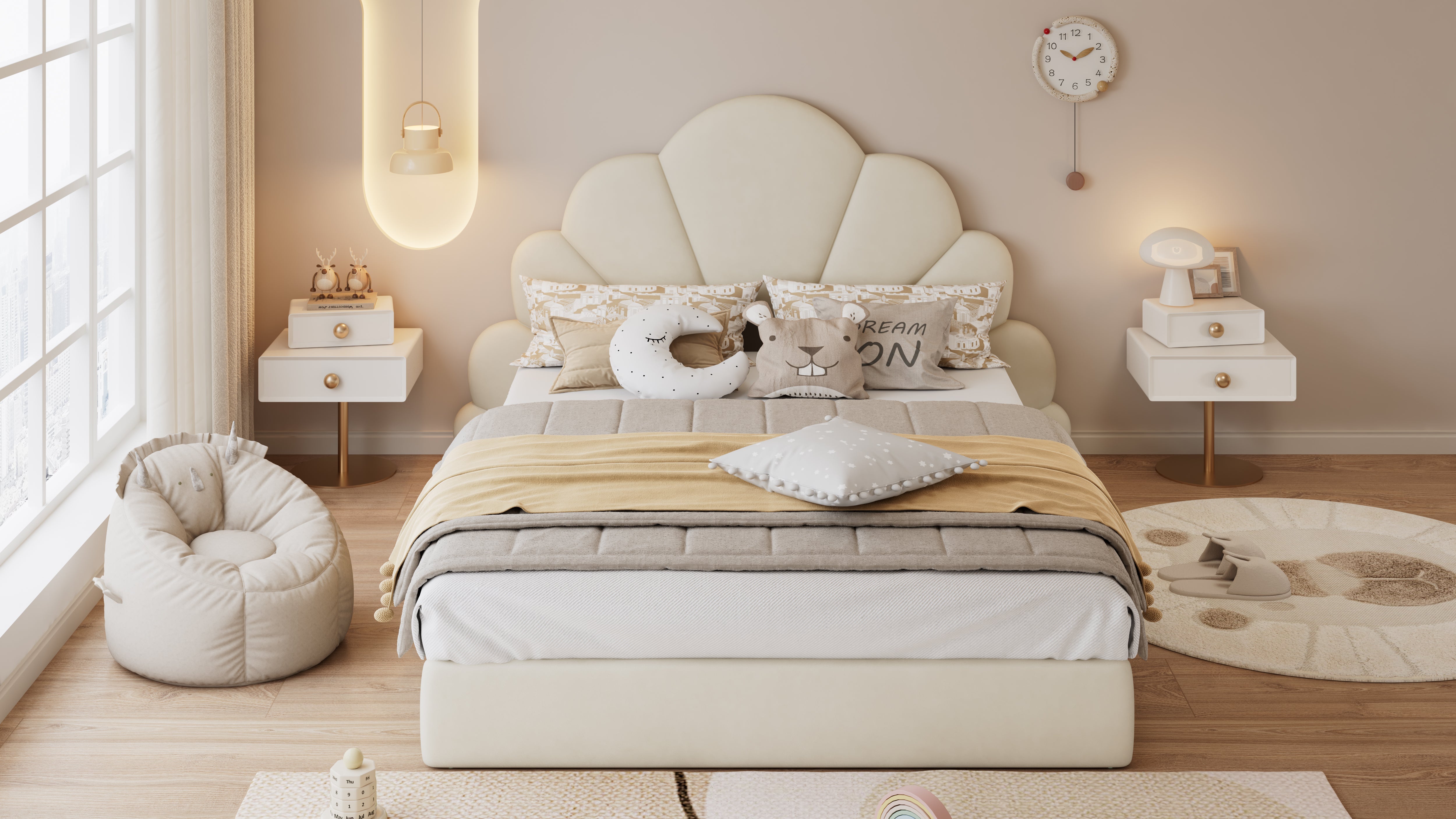 Upholstered Bed, Curved Petals, Modern Frame, Velvet Beige